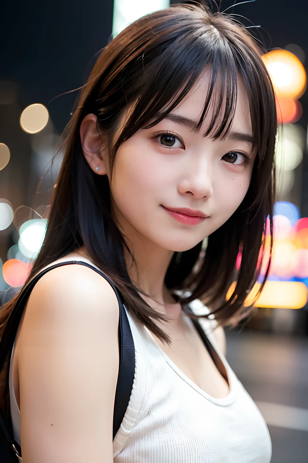 1 Girl, Tokyo Street,night, Streetscape,City lights,Upper Body,close,smile,, (8K, Raw photo, highest quality, masterpiece:1.2),(Realistic, photo-Realistic:1.37),