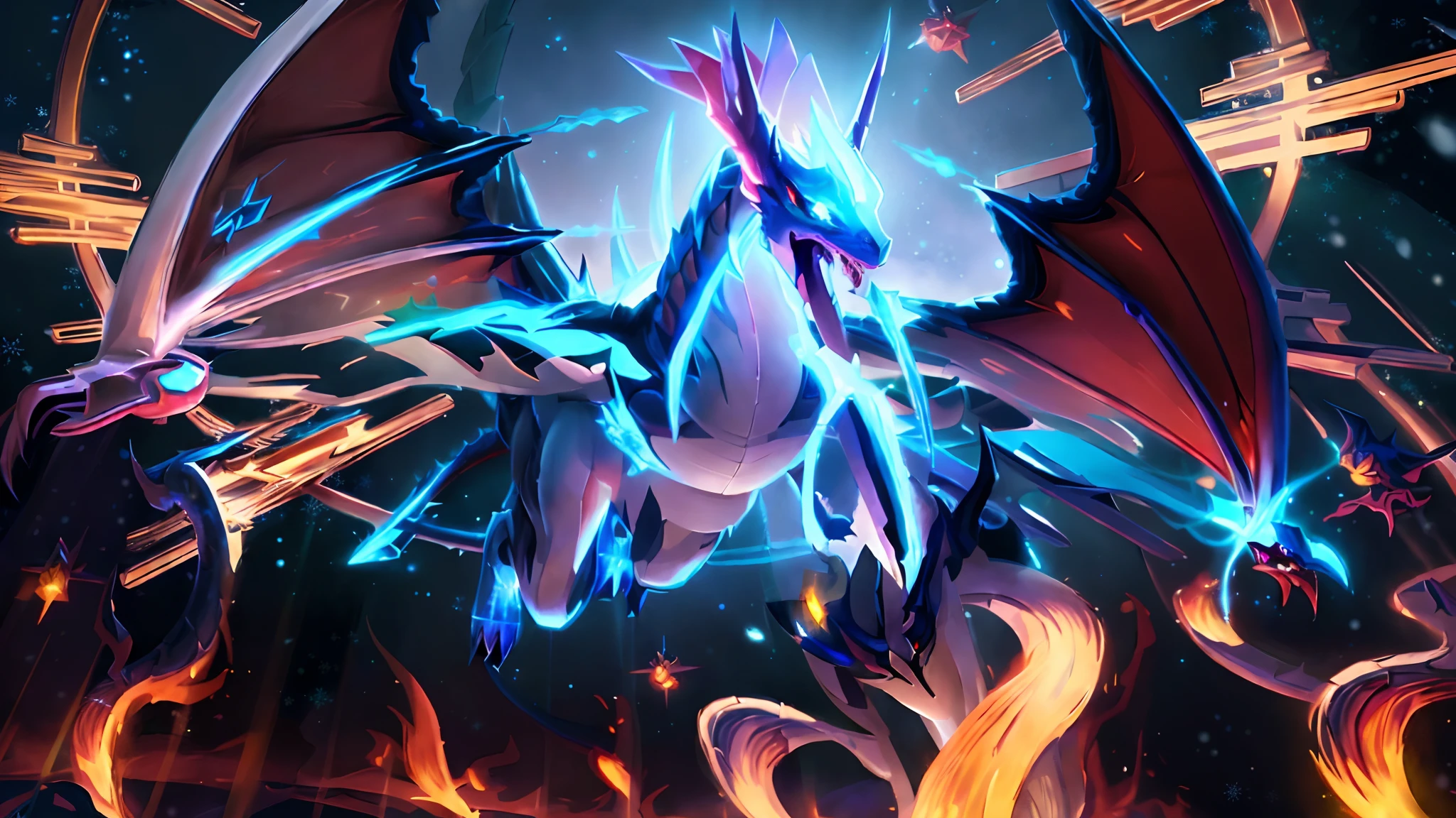 (best quality, masterpiece:1.3), illustrations, anime style, very high resolution, large filesize, full color, beautiful detailed glow, front light, 1 dragon, anime style drawing of a white winged creature with a star in the background, a detailed painting inspired by Xul Solar, pixiv contest winner, sots art, blue eyes white dragon, colossal dragon as background, crystal dragon, sliver ice color reflected armor, blessing fire, yugioh artwork, high detailed official artwork, yugioh art style, yugioh style, Christmas pattern dragons, dynamic angle, (Christmas back ground),