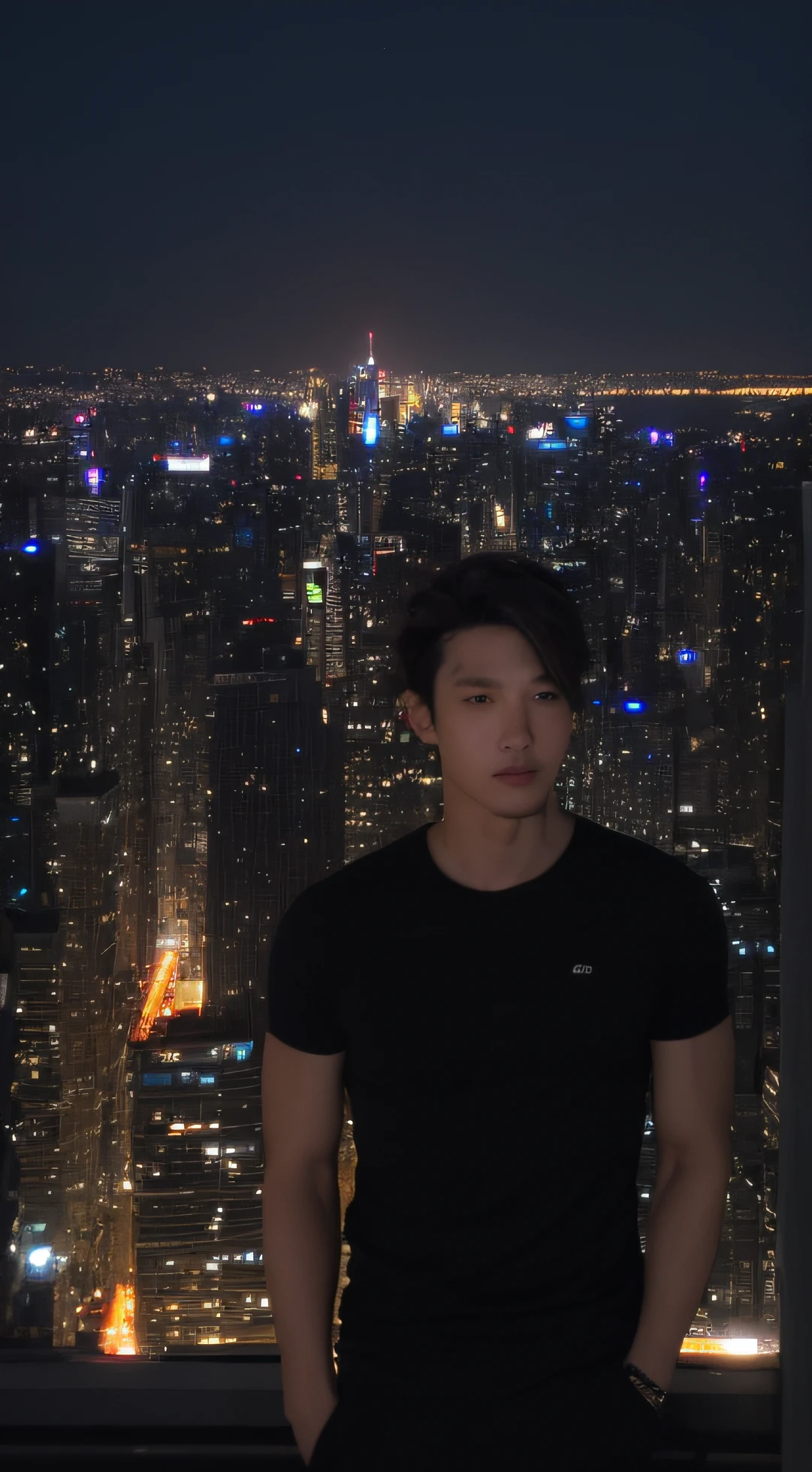 ((mid night、top-quality、8k、masterpiece:1.3)), full bodyesbian, long legged, Men with muscular body:1.4, Slender Abs:1.1, ((dark brown hair、Long body)), (Black tight T-shirt、is standing:1.2), ((Night City View、On the rooftop:1.3)), Highly detailed facial and skin texture, A detailed eye, 二重まぶた、Korean