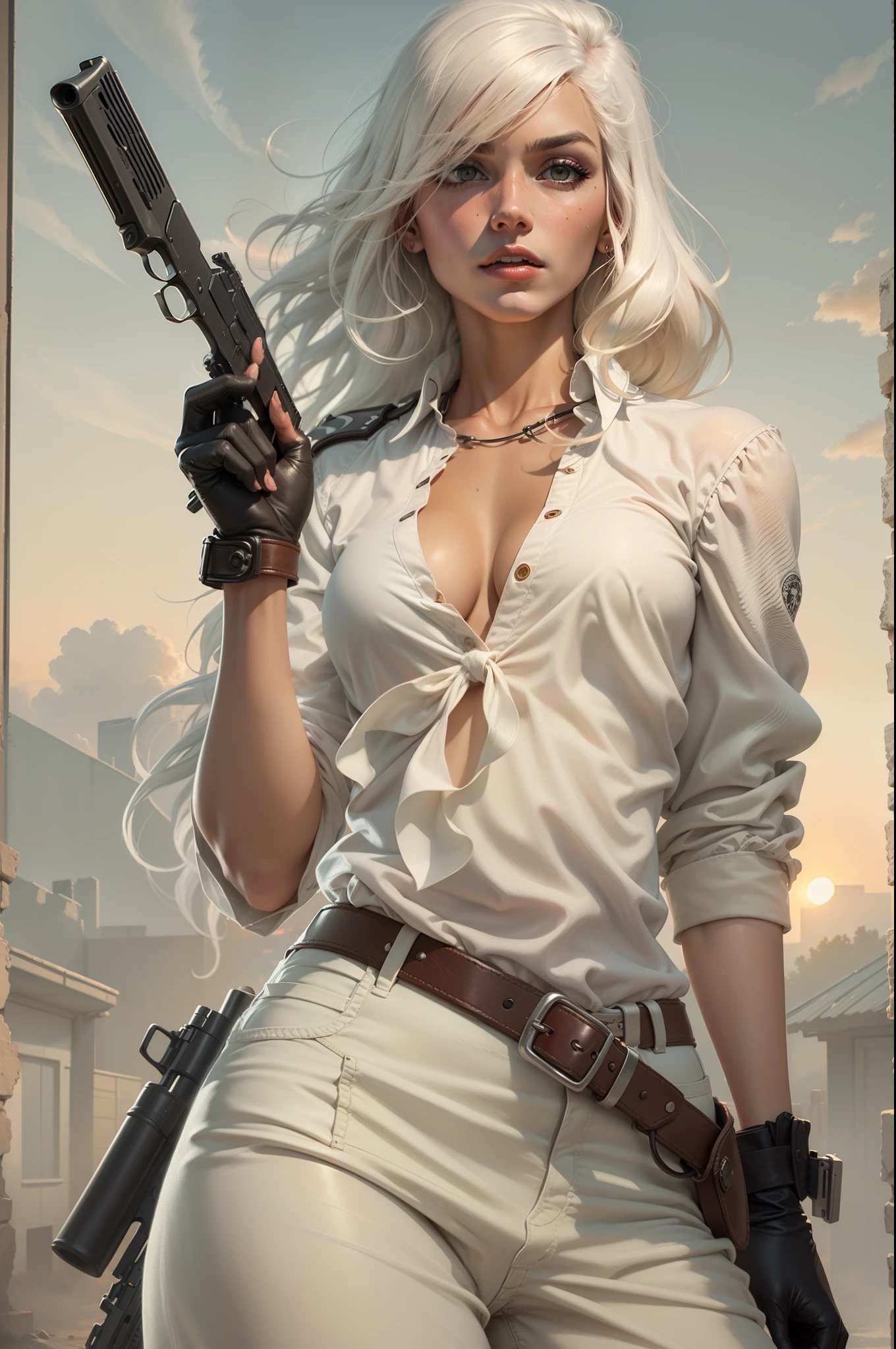 Female robbers of the West，Stand under the sunset，white color hair，floated hair，Retro，high cheekbones，Stun rifles，Weathered