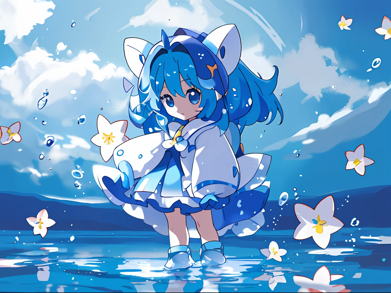 Anime girl with blue hair and white dress standing in water, Cute anime mouse girl, Guviz-style artwork, Guviz, Anime art wallpaper 8 K, style of anime4 K, Anime style. 8K, Anime wallpaper 4 k, Guweiz on ArtStation Pixiv, Anime wallpaper 4K, Anime art wallpaper 4 K