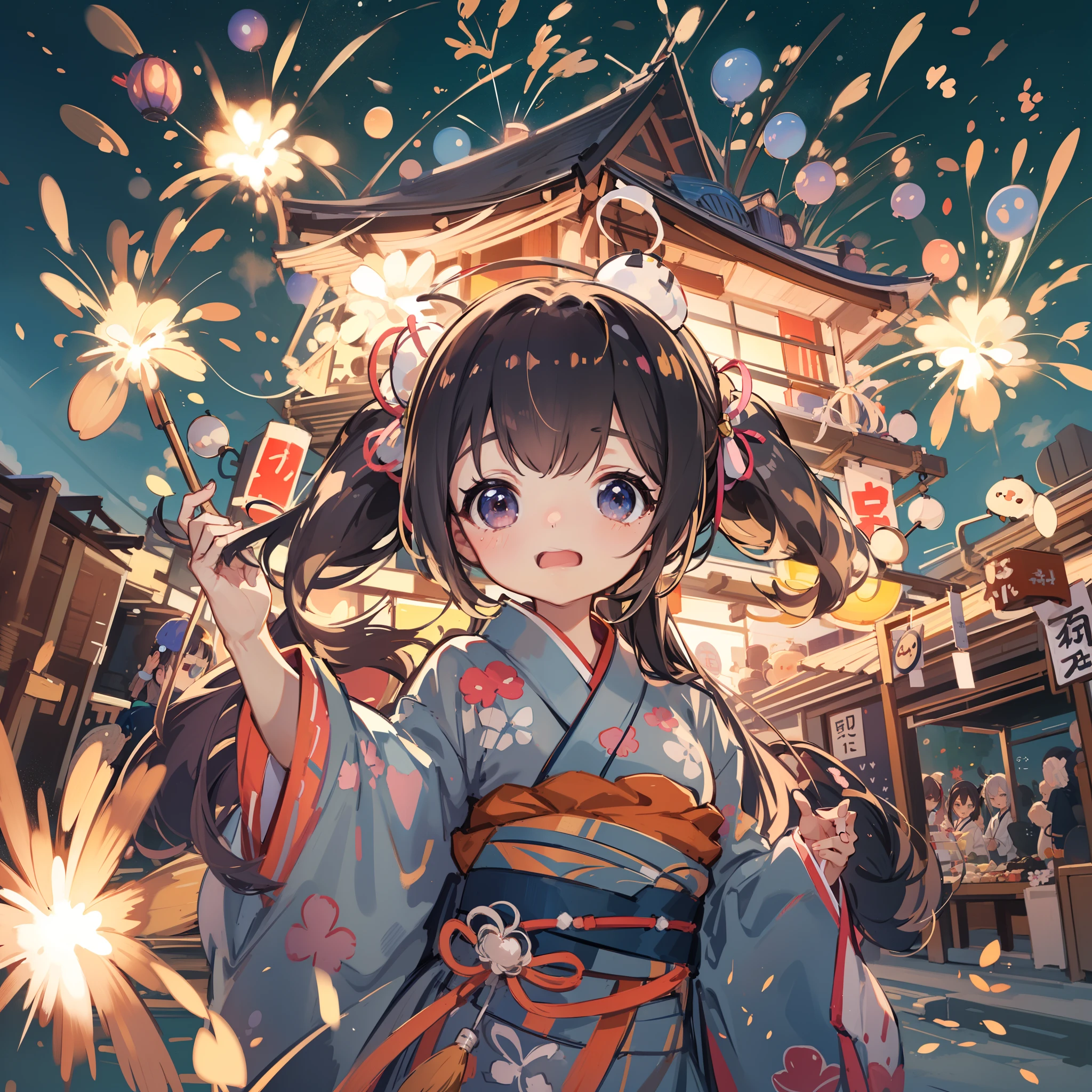 Chibi:1.8,Komono,Girl in Yukata,Blowing in the wind,Summer Festivals,natta,food stand,Spirit Stream,Big  Fireworks:1.7,Fireworks in the night sky:1.8,poneyTail,dutch angle shot,ground-level shot,low angle,full body shot,long shot,(masutepiece: 1.3), (exquisite detailing: 1.2), Delicate and beautiful details, (Eye Detail), (Facial Detailed), (Highest Quality) :1.4), (Hyper-Resolution: 1.2), (very detailed illustration),Best Quality,depth of fields, Wide light, natural shadows