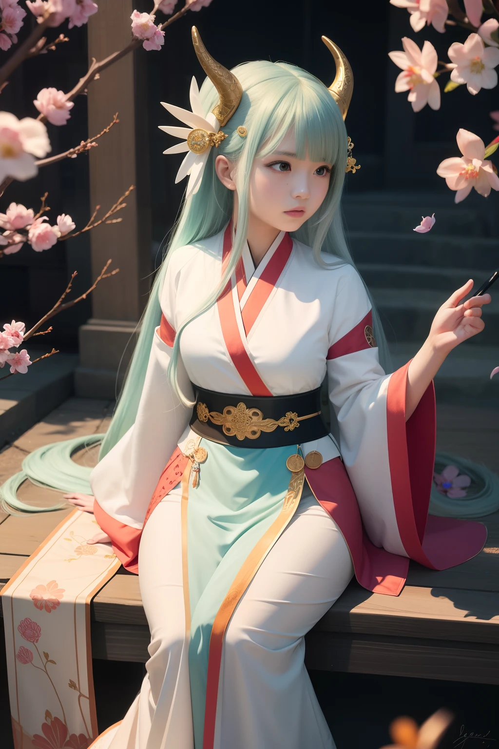 Palace , A girl in Hanfu, Guviz-style artwork, Anime style. 8K, anime styled digital art, Long hair, blue little dragon girl