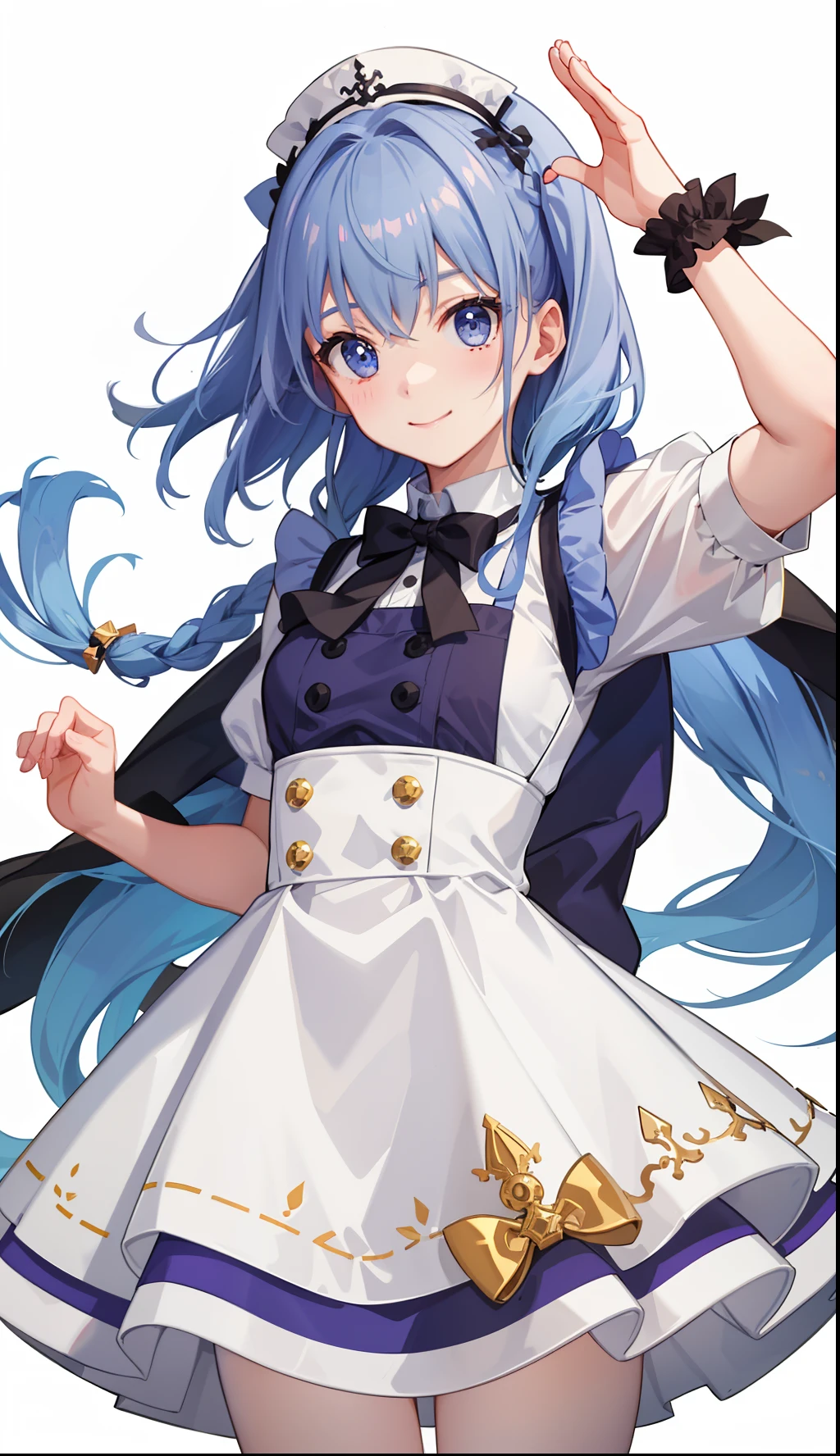 1girl in、A smile、A delightful! The shirt、skirt by the、(small tits)pinafore、doress、hair adornments、Maids、White costume、