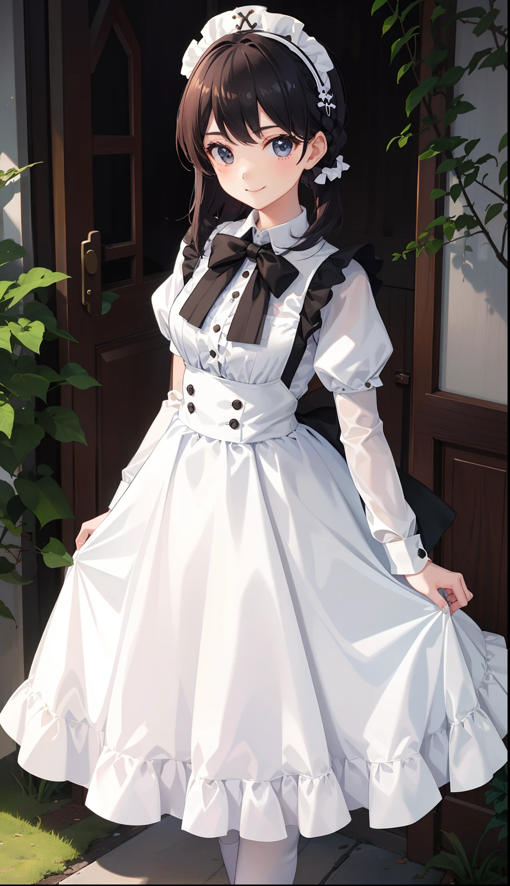 1girl in、A smile、A delightful!　The shirt、skirt by the、（small tits）pinafore、doress、hair adornments、Maids、White costume、