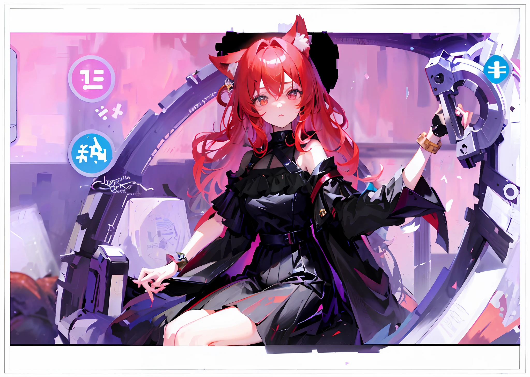 Masterpiece, Best quality, 1girll, Red long-haired,red color eyes,Red wolf ears,Big wolf ears,He wears a black hair ornament on his head,Wearing a black dress,Stand in the blade ring