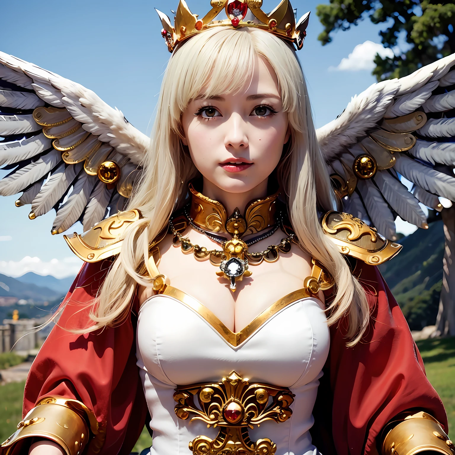 (masutepiece), Professional , ​masterpiece、top-quality、photos realistic , depth of fields （Gemstone Silver Metal Body:1.９),(Matte White、Jewel Gold Weapon、（Flying in the sky),Gorgeous metal weapons,(Detailed and realistic angel white wings) , Detailed Sword of the Brave , Beautiful knife 、delicated face、20 years girl  ,warhammer 40k , adepta sororitas,Detail and ornate jewel crown、a blond、(Gangle's forest background)、Beautiful Caucasian beauty、１a person、dynamic ungle,(((Detailed and ornate diamond crown)))、Smaller head、A smile、Powerful poses、（Gorgeous castle background）、Beautiful thin fingers of a woman、、
