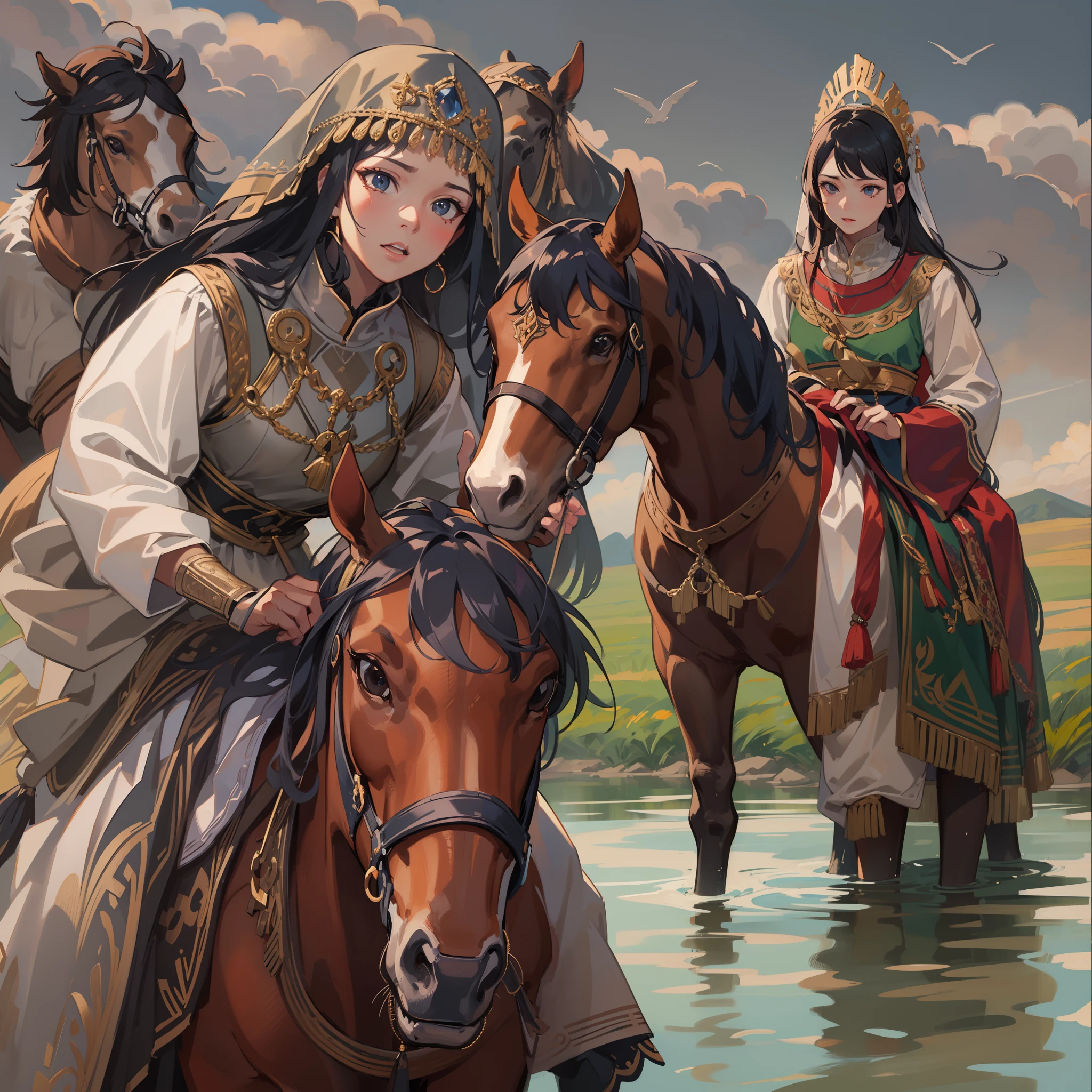 Medieval Central Asian national costume:1.2,low angle:1.5,high angle of view:1.8,Medieval Central Asian nomads:1.5,One Horse and One Girl:1.3,Dynamic horses,Undulating lakes,(4K), (Raw photo: 1.2), (Realism: 1.4), (masutepiece: 1.3), (exquisite detailing: 1.2), Delicate and beautiful details, (Eye Detail), (Facial Detailed), (Highest Quality) :1.4), (Hyper-Resolution: 1.2),(very detailed illustration), Best Quality, depth of fields, Wide light, natural shadows