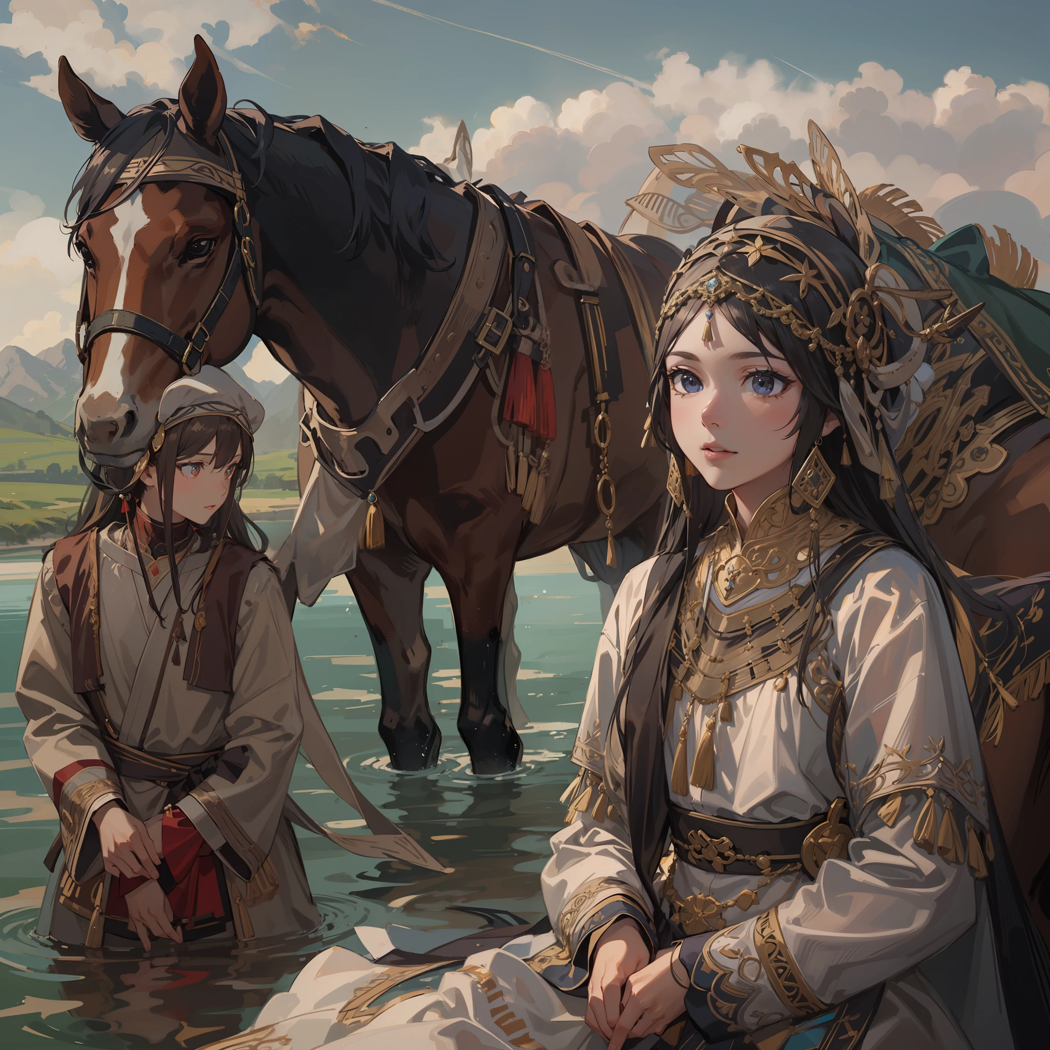 Medieval Central Asian national costume:1.2,low angle:1.5,high angle of view:1.8,Medieval Central Asian nomads:1.5,One Horse and One Girl:1.3,Dynamic horses,Undulating lakes,(4K), (Raw photo: 1.2), (Realism: 1.4), (masutepiece: 1.3), (exquisite detailing: 1.2), Delicate and beautiful details, (Eye Detail), (Facial Detailed), (Highest Quality) :1.4), (Hyper-Resolution: 1.2),(very detailed illustration), Best Quality, depth of fields, Wide light, natural shadows