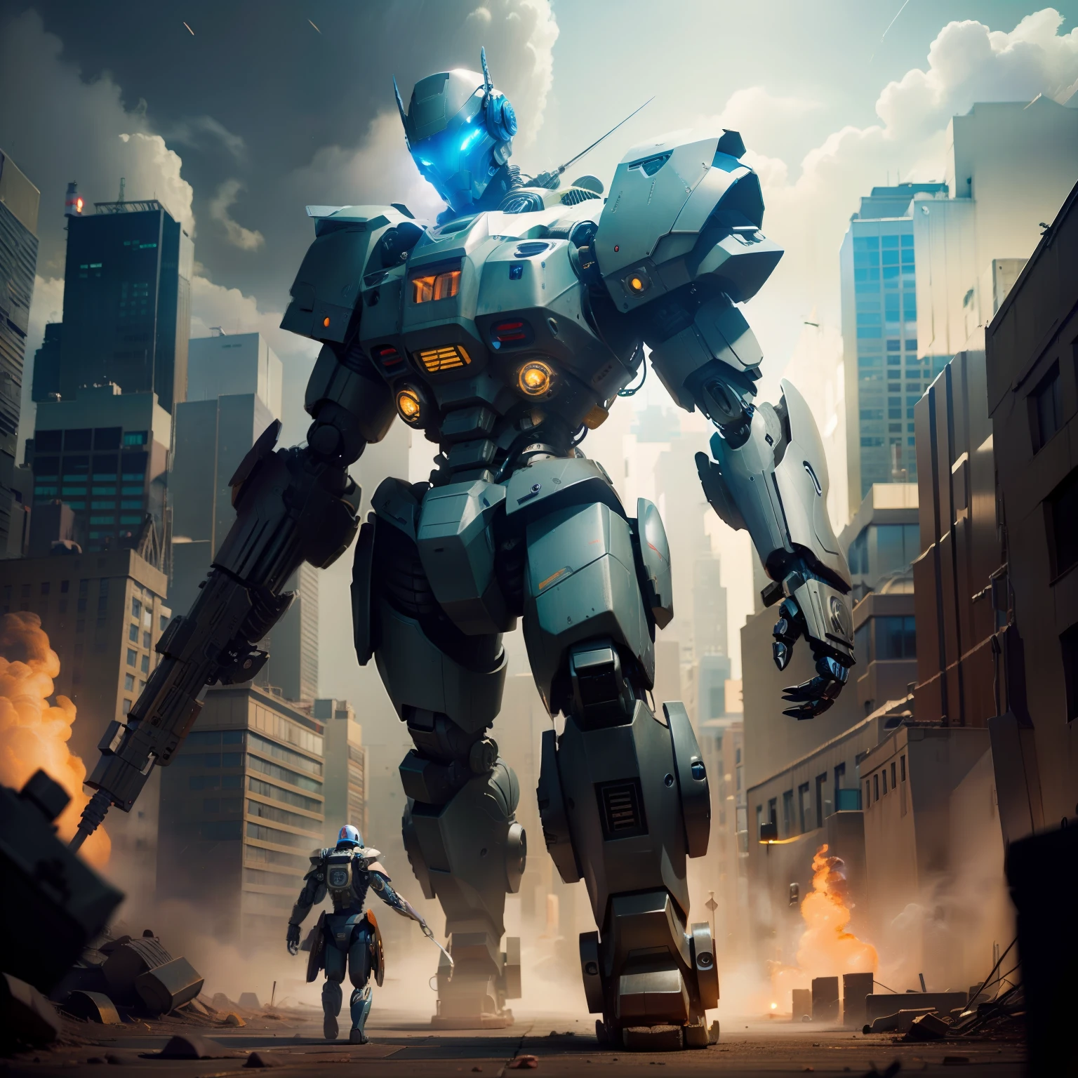 robot, best quality, highly detailed, super detailed, masterpiece, 8k wallpaper, white theme, blue eyes, bad anatomy, absurd, high resolution, super fine illustration, absurd, solo, game CG, (detailed beautiful face and eyes:1), command spell, robot joints, mechanical parts, robot joints, headdress, fully armed, full body, glowing eyes, mecha, city, lord, night