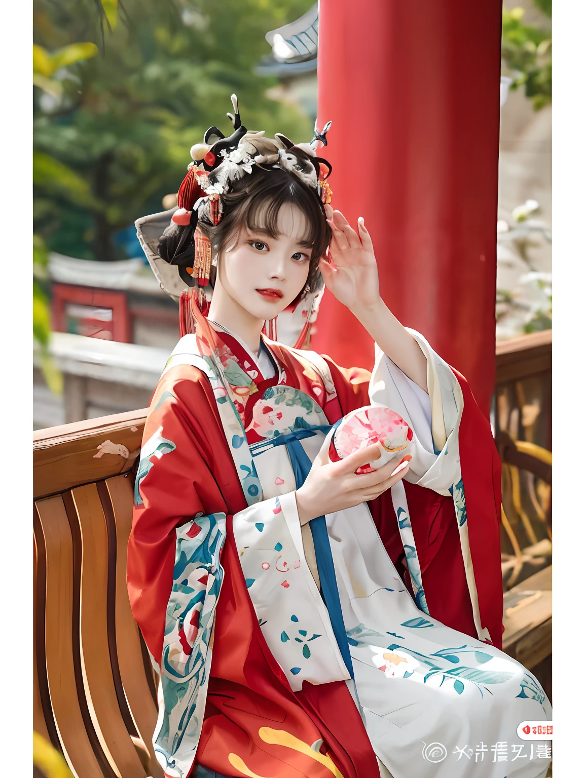 Arad woman in a red and blue dress sits on a bench, Hanfu, Palace , A girl in Hanfu, Wearing ancient Chinese clothes, with acient chinese clothes, Traditional Chinese clothing, White Hanfu, Chinese costume, with ancient chinese aesthetic, Princesa chinesa antiga, Chinese style,Chinese dress, red kimono with flower patterns