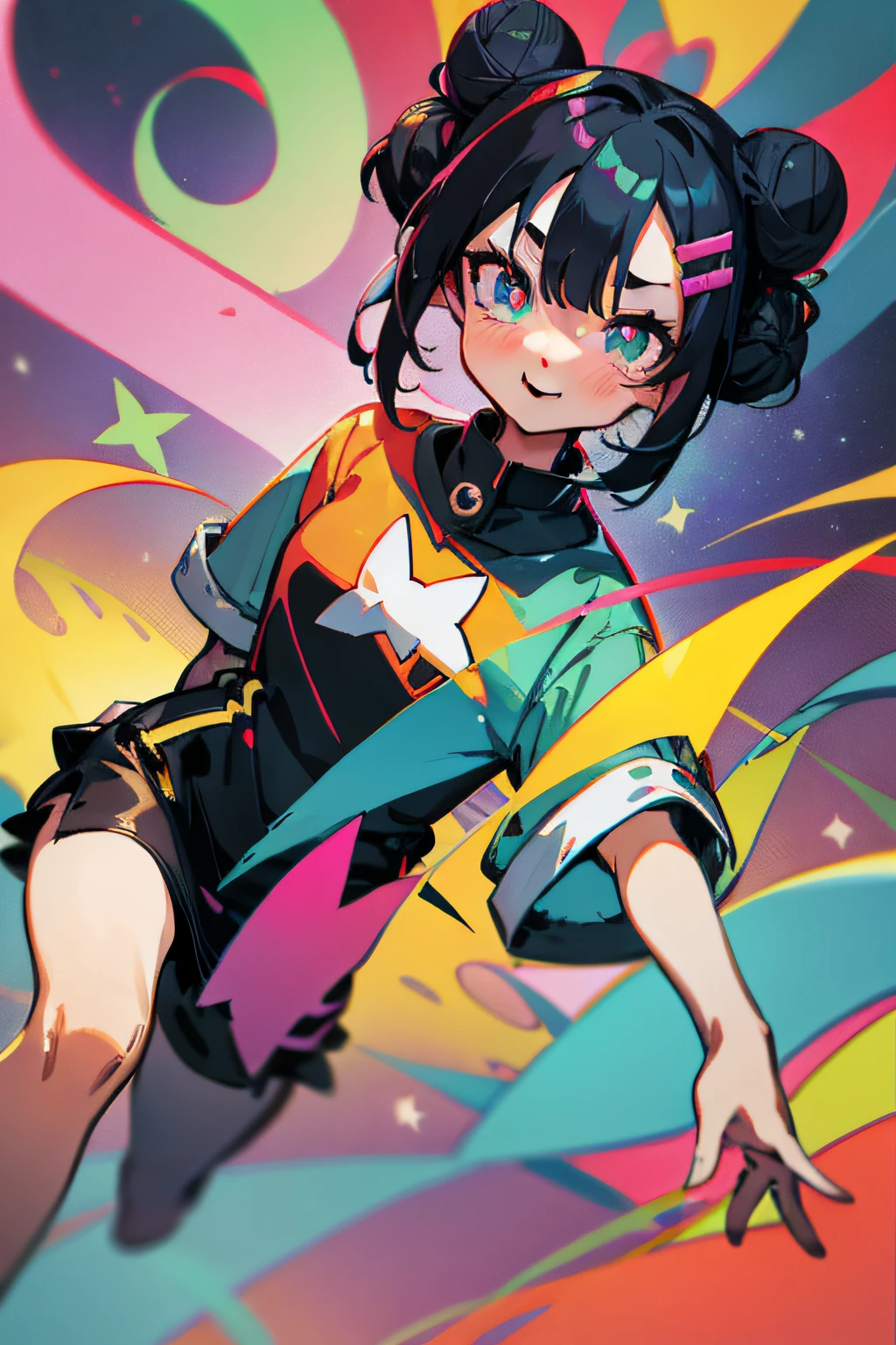 black hair, longeyelashes, solid circle eyes, fake animal ears, light smile, ear blush, fang, streaked hair, double bun, hairclip, star-shaped pupils, aqua eyes, gradient eyes, Surrealism, drop shadow, anaglyph, stereogram, tachi-e, anime, anime style, 8k, super detail, ccurate, best quality