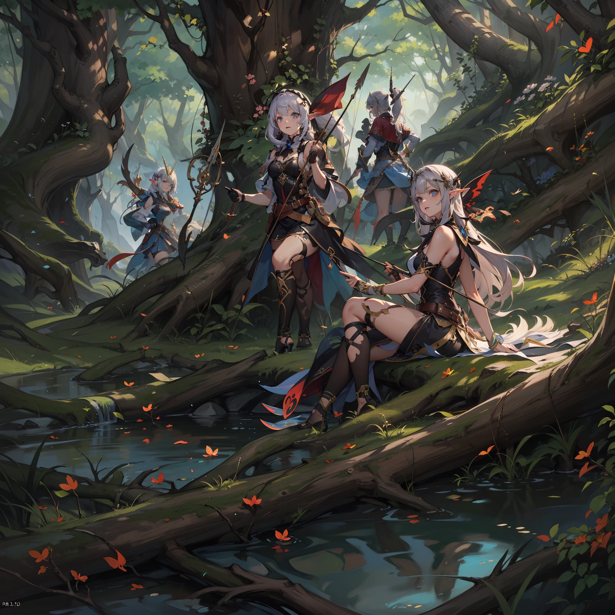 1girl, ((moth antennae)), solo, ((moth)), ((arthropod girl)), ((moth wings)), medium hair, difficult design, jungle style, fashion, monster girl, summer clothes, water effect, green plants, jungle, nature, scenery, ((official art)), ((concept art)), ((reference)), ((multiple pictures)), ((chibi)), white background