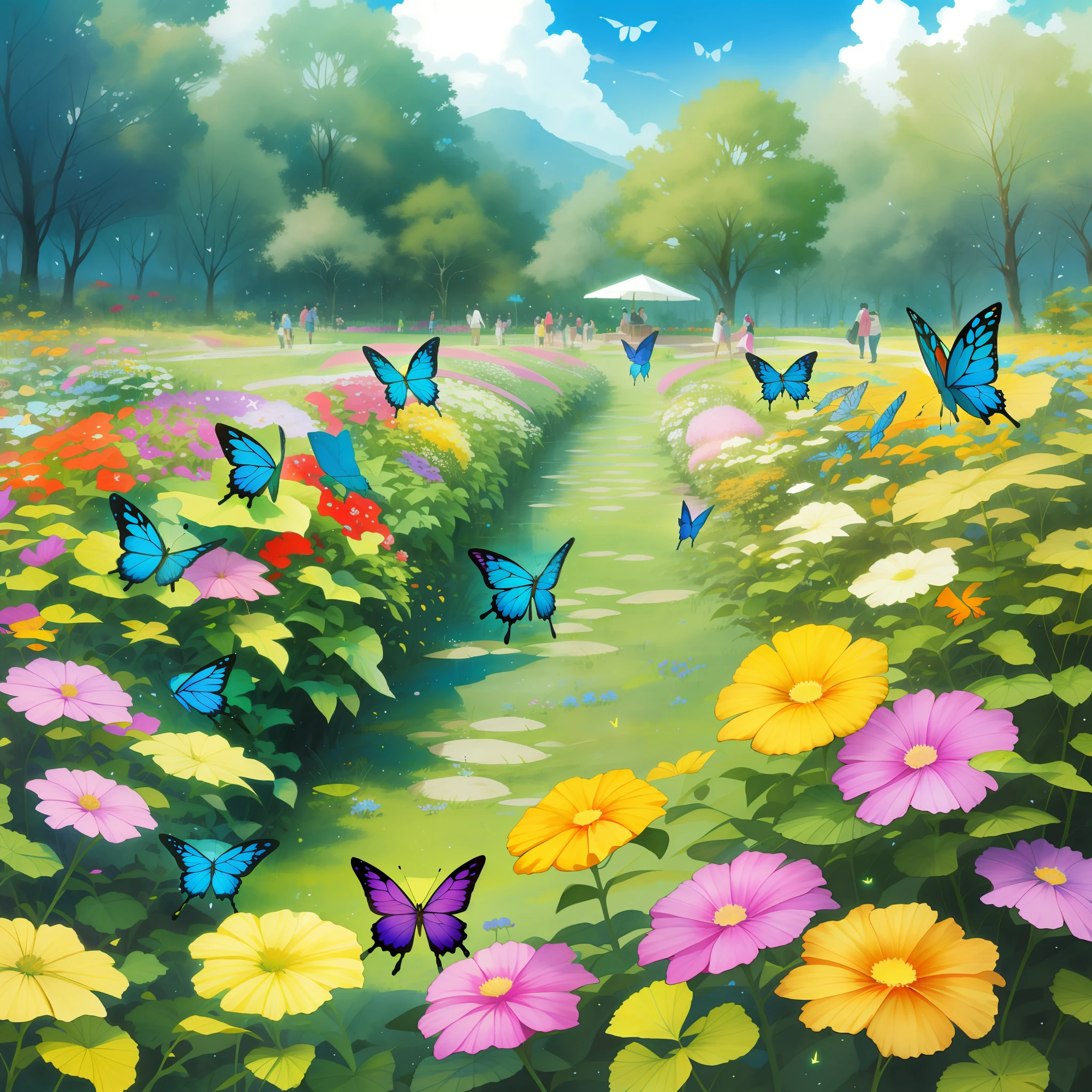 pintura,Many butterflies with random colors in a flower garden, acuarela, soleado,hermoso,detallado