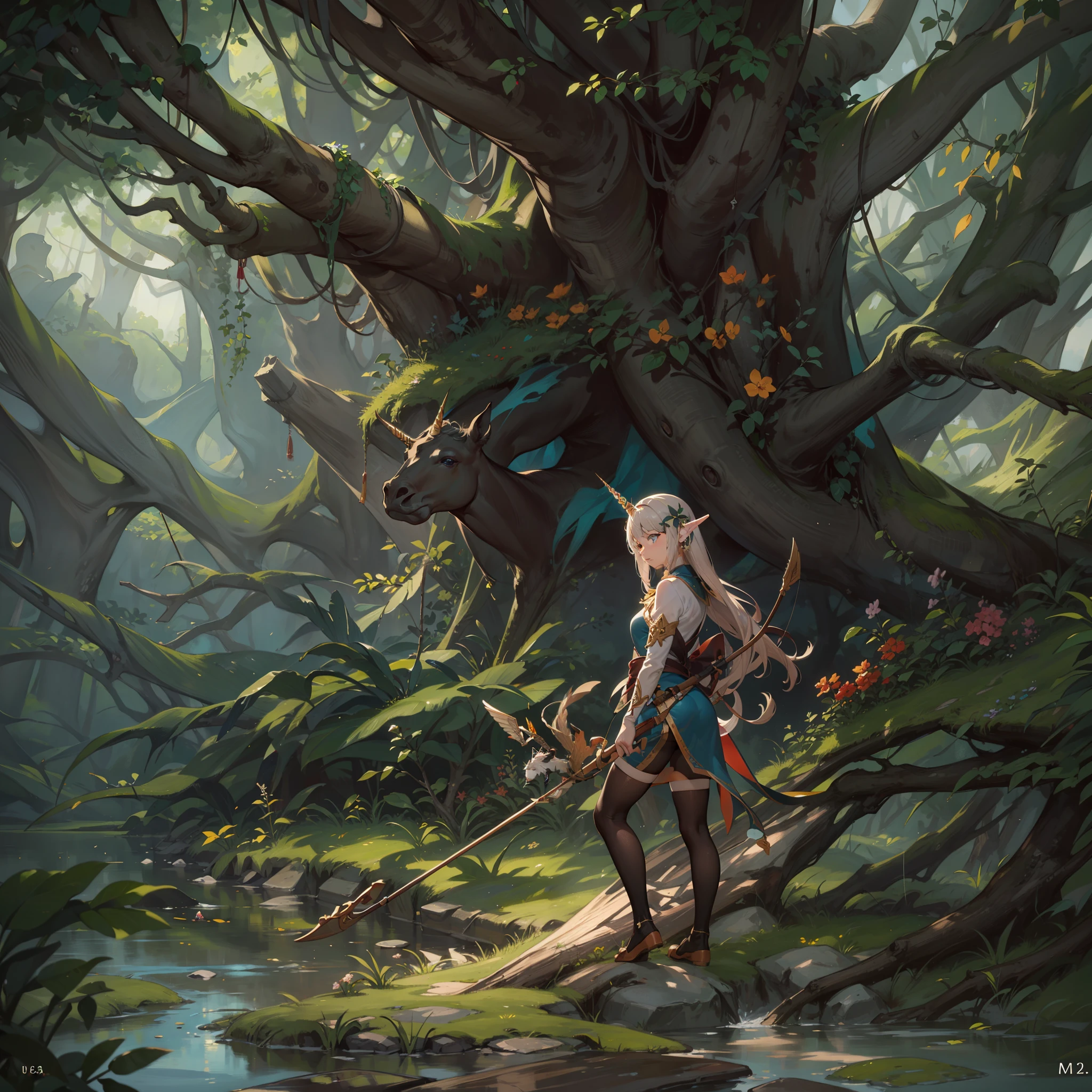 fallen wood,Elves with compound bows:1.5,Elf with a bow:1.5,arrow,low angle:1.5,high angle of view:1.8,hunter:1.2,One unicorn:1,3, One Girl and One Fairy:1.8,Undulating lakes,deep-forest,Blowing in the wind,Has depth,(4K), (Raw photo: 1.2), (Realism: 1.4), (masutepiece: 1.3), (exquisite detailing: 1.2), Delicate and beautiful details, (Eye Detail), (Facial Detailed), (Highest Quality) :1.4), (Hyper-Resolution: 1.2),(very detailed illustration), Best Quality, depth of fields, Wide light, natural shadows