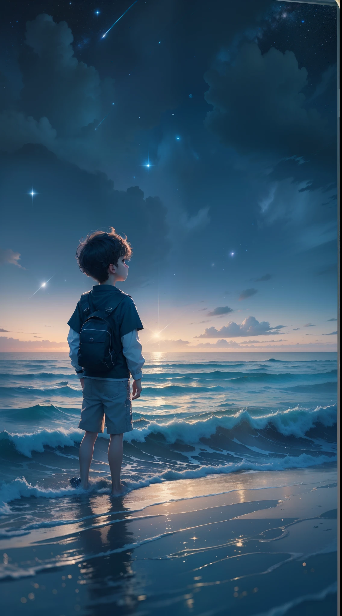 ((masterpiece)), ((best quality)), 8k, high detailed, ultra-detailed,
A boy gazing at the starry sky under the starlit sea,
boy, starry sky, starlit sea, gazing, stars, ocean, reflection, peaceful, serene, mesmerizing.