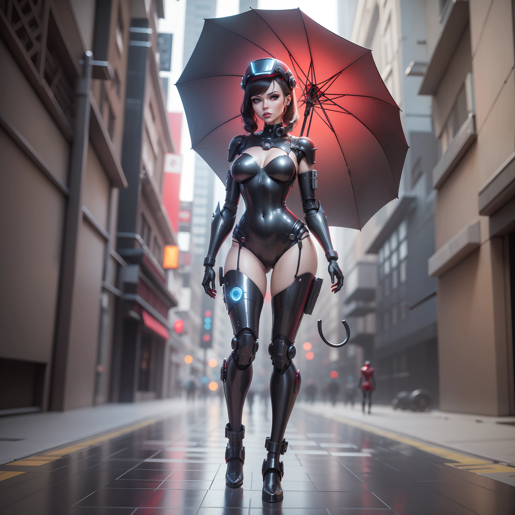 there is a woman in a red latex outfit and a red umbrella, cybernetic and highly detailed, daz3d, daz 3 d, daz 3d, inspired by Wally Wood, daz3d genesis iray shaders, futuristic clothing and helmet, cyborg fashion model, an alien robot naughty nurse, cybernetic body parts, red realistic 3 d render