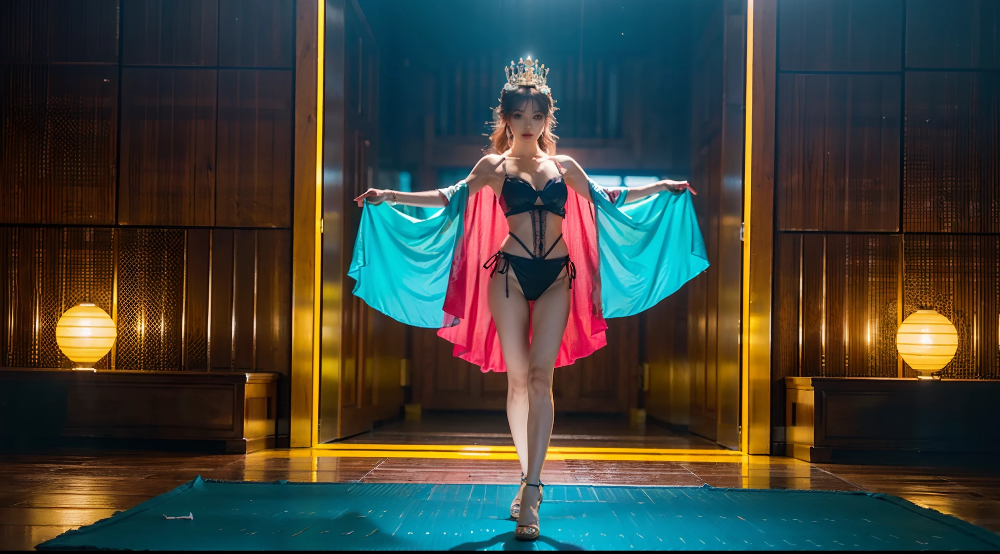 Ultra-grand scenes，The ultra-wide-angle lens captures the appearance of a half-dressed Circe dancer in the exterior scene where many scenes of the multiverse converge into the landscape，She dances ethereally on the water。The dance magic possessed by the versatile Circe dancer allows her to constantly change her outfit and can have multiple styles at the same time，So that she can always integrate background elements and transform her own clothing style at will，She always has a flying rainbow cloak with her，The gradient rainbow cape is an extra-long trailing cape composed of different styles and different colors, different materials and different styles of small parts，This makes the dance of the versatile Circe dancers noble and elegant，The dancing trajectory is accompanied by the glare of neon and magical stars，And blend in with the environment to add a sense of atmosphere，Sensory stimulation is intense。The super-tall sexual characteristics of the versatile Circe dancer include:：Oversized K-cup teardrop-shaped super-large breasts/Narrowed sternum/Kaziran's huge neon glitter gemstone eyes/Charming face/Makeup/Slender neck/Smooth shoulders and beauty collarbone/Slender and fair slender arms/Physiologically normal graceful hands/The body without a trace of excess flesh has sexy and attractive concave and convex lines/Narrow petite sexy funnel-shaped thin waist/The waist and abdomen of the tight toned body have a waistcoat line/Petite and delicate butterfly cross/Round peach-shaped sexy buttocks/Super slender and slender legs/White thin feet/Stepping on Skyscraper Heels/Colorful hair/Halo crown/Beautiful tattoos/Fashionable ornaments are worn on the wrists and waist and neck/Accessories surrounded by glow and neon lights，The body shimmers with enchanting colorful brilliance。Use midjourney's advanced brush tools and palettes, as well as tools like texture packs and model packs for the skin of a versatile Circe dancer/garments/The rainbow cape gives intricate textures and
