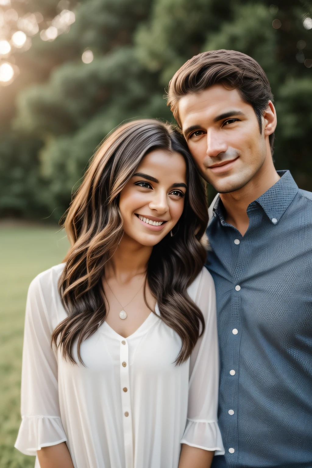 Por favor, gere uma imagem de um jovem casal lado a lado, facing camera directly. The woman is looking down with a cheerful smile on her face, while the man's gaze is locked into the camera with unwavering focus. Both are captured from head to toe in the frame. This scene depicts a mixture of tender connection and individual contemplation, highlighting their unique personalities and the bond they share. The snapshot captures your physical presence and emotional presence in the moment." 8K,