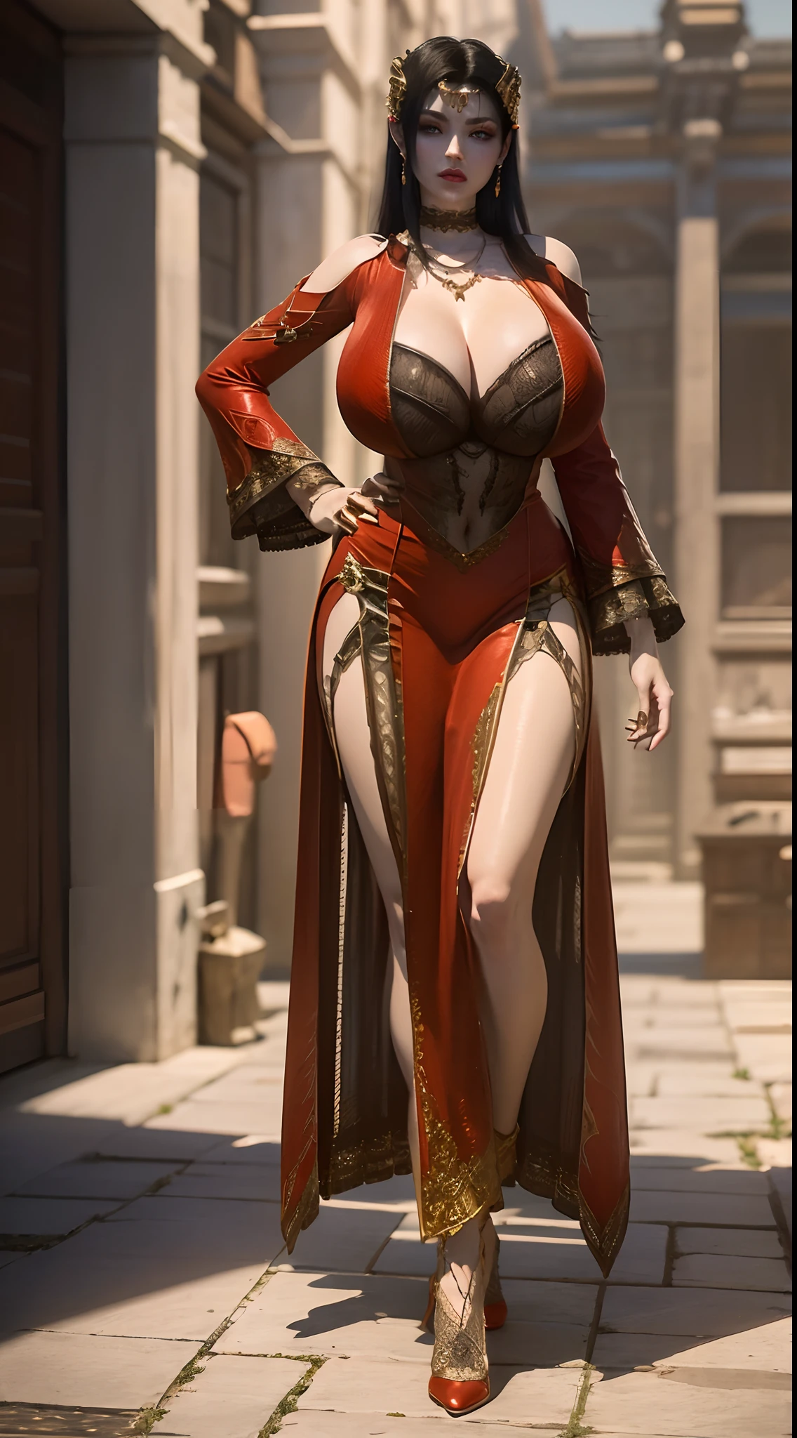 ultra realistic 8k cg, flawless, clean, masterpiece, professional artwork, famous artwork, cinematic lighting, cinematic bloom, perfect face, beautiful face, fantasy, dreamlike, unreal engine 5, science fiction, lace, lace trim, lace-trimmed legwear, luxury, jewelry, diamond, gold, pearl, gem, sapphire, ruby, emerald, intricate detail, delicate pattern, charming, alluring, seductive, erotic, enchanting, hair ornament, necklace, earrings, bracelet, armlet, autumn.
((,1girl, pov,best quality,)) ,((((,1girl, solo, huge fake breasts:1.5, goddess red dress, stocking, full body, looking at viewer, standing))))