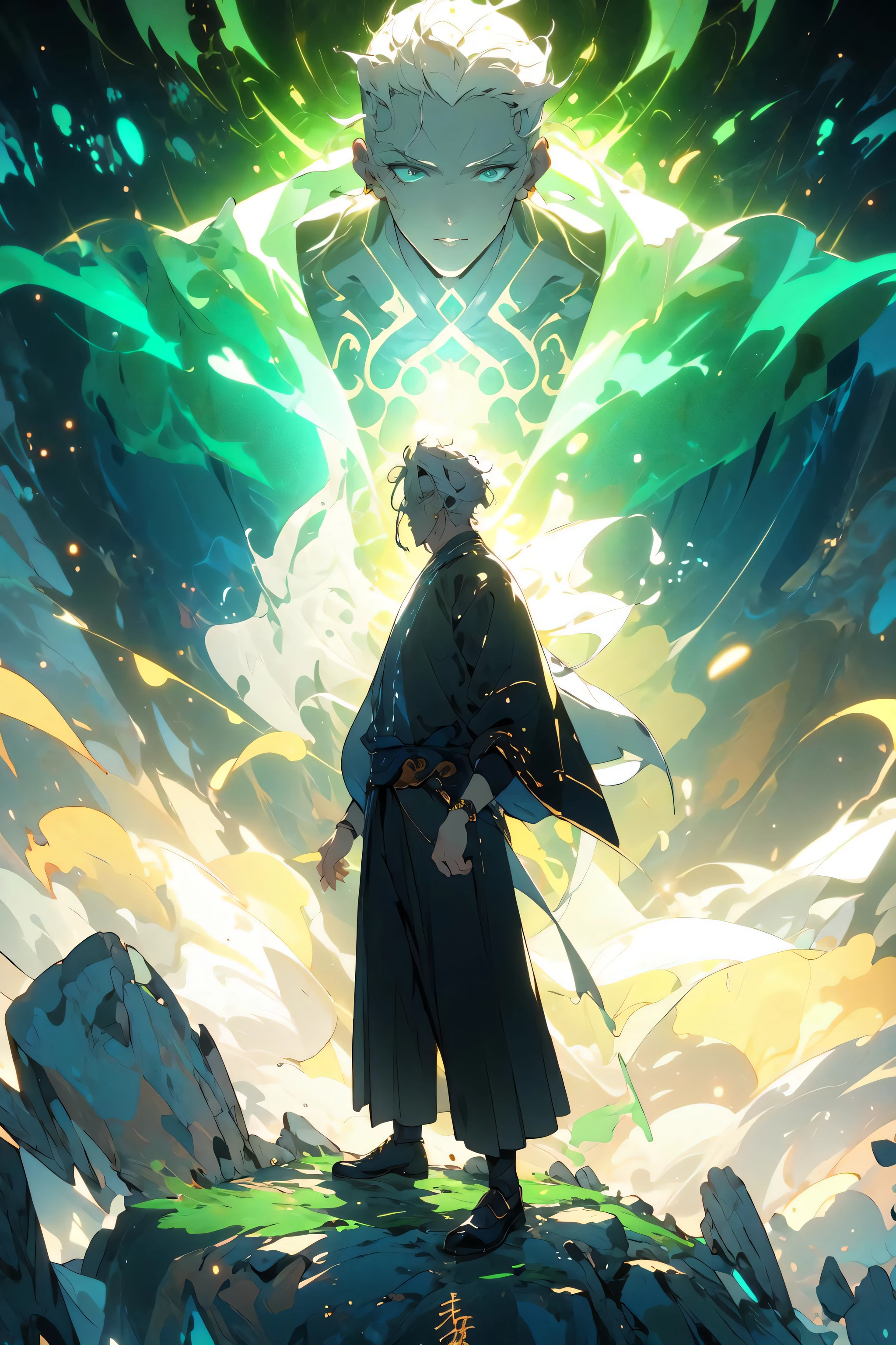 , (masterpiece:1.2), best quality,PIXIV,  taoist,
an  old man standing in front of green glowing taoist,transparent,