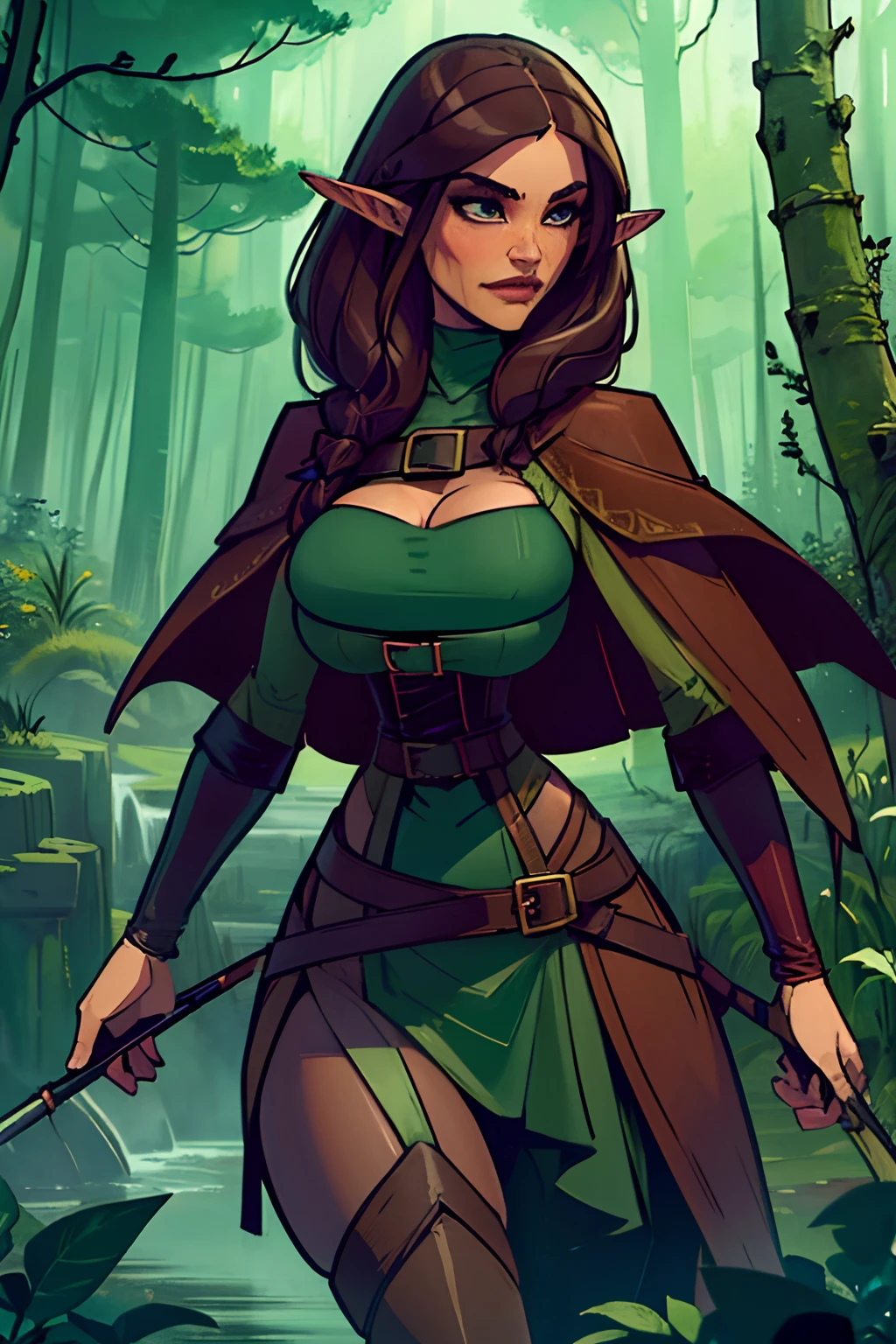 (masterpiece, top quality, best quality, official art, beautiful and aesthetic:1.2), (1girl:1.3), dark brown hair in a single braid, extremely detailed, portrait, looking at viewer, solo, (full body:0.6), detailed background, close up, cat eyes, (warm summer forest theme:1.1), elf ranger, charlatan, smirk, mysterious, walking in forest, revealing ranger attire, brown leather, cowl, cloak, corset, long boots, buckles, straps, pouches, bow and arrow, green fabric, brown leather, gigantic breasts, slim waist, slim hips, long legs, medieval (forest exterior:1.1) background, dark mysterious lighting, shadows, magical atmosphere, dutch angle, (((balsamique)))