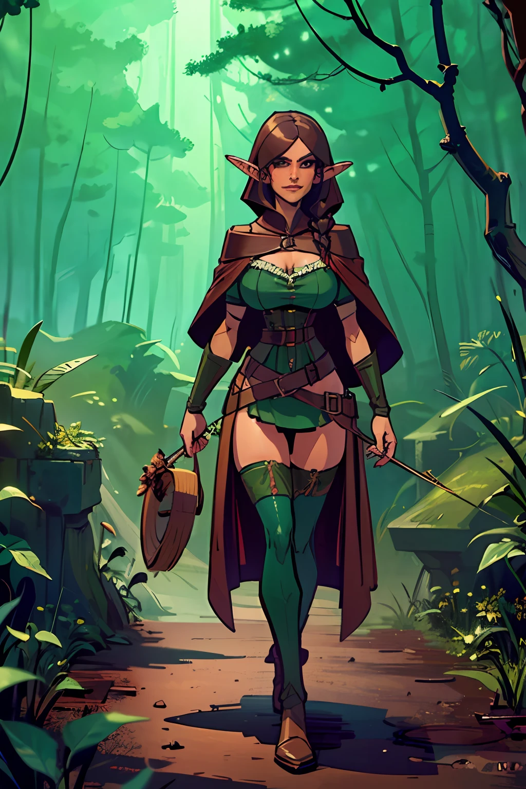 6ft tall wiry muscled wood elf 24 year old woman with dark copper skin with green tint, hazel eyes, and brown hair with copper highlights. With longbow strapped to