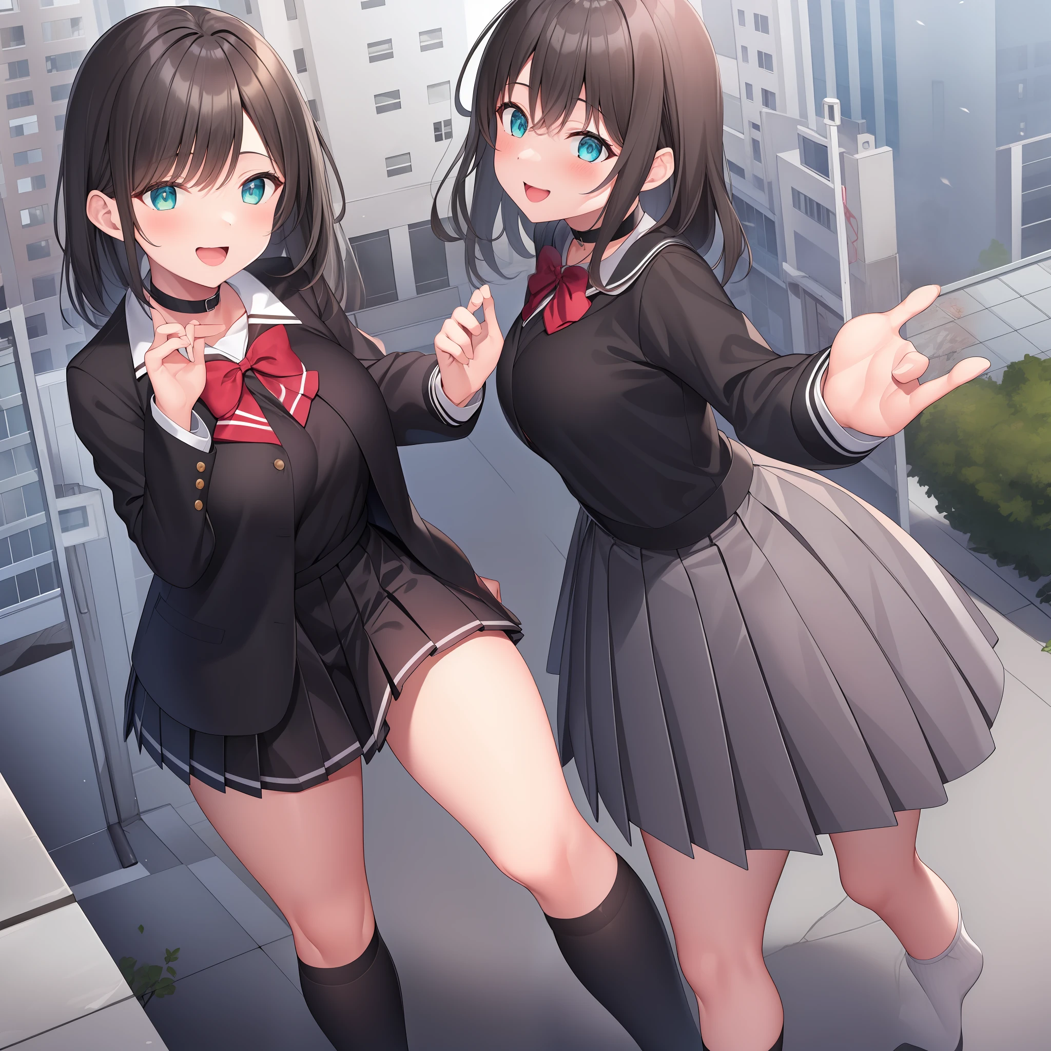 1girl, 16 years old, Two legs, Two hands, Bigger than the building, White jacket, Animal hood, White socks, Open jacket, Pleated skirt, Black skirt, Black sailor collar, Black choker, school uniform, Black shirt, puffy long sleeves, standing, Smile, cheerfulness, Naughty, Anatomically correct, Textured skin, GTSCity