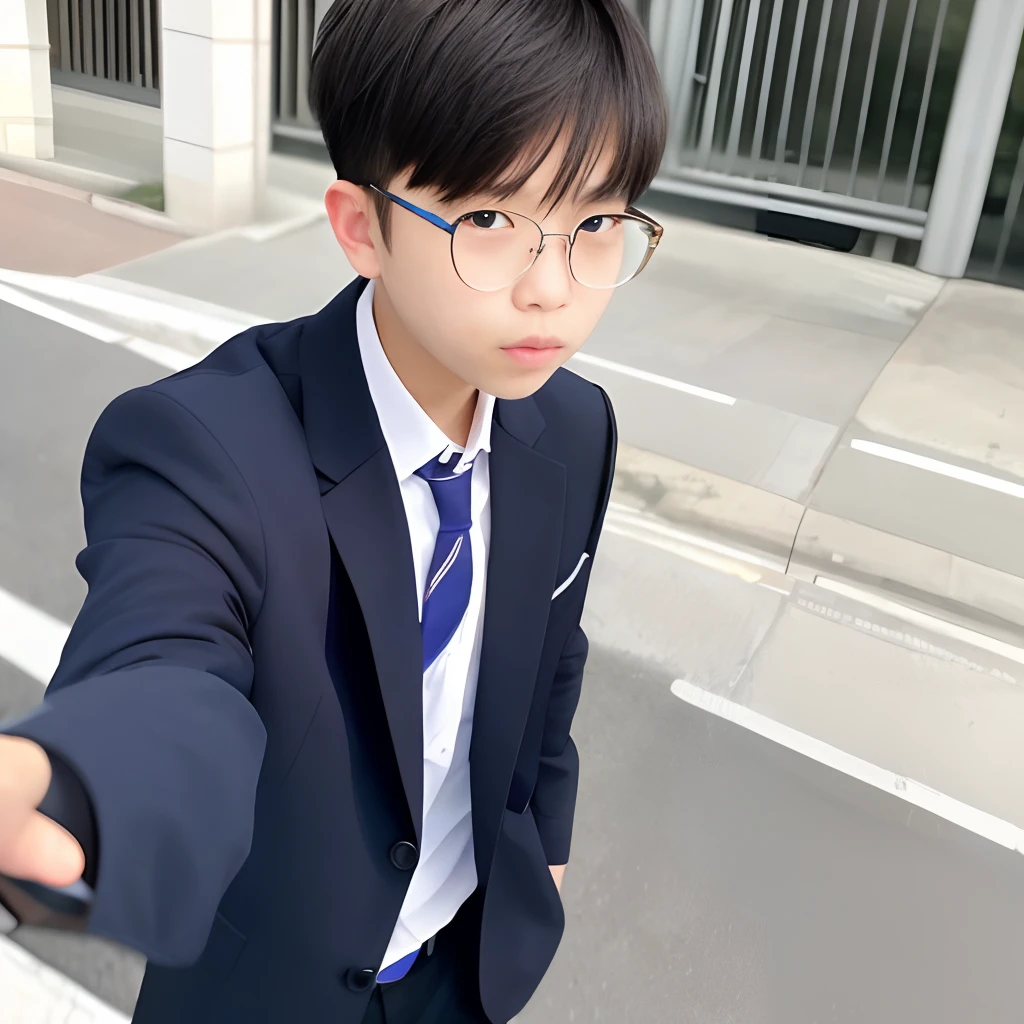 There was a boy taking a selfie with his phone,Real Human,introverted,Quiet,largeeyes,Wearing metal glasses,8K,Ultra-clear,It's cute,in school uniform,