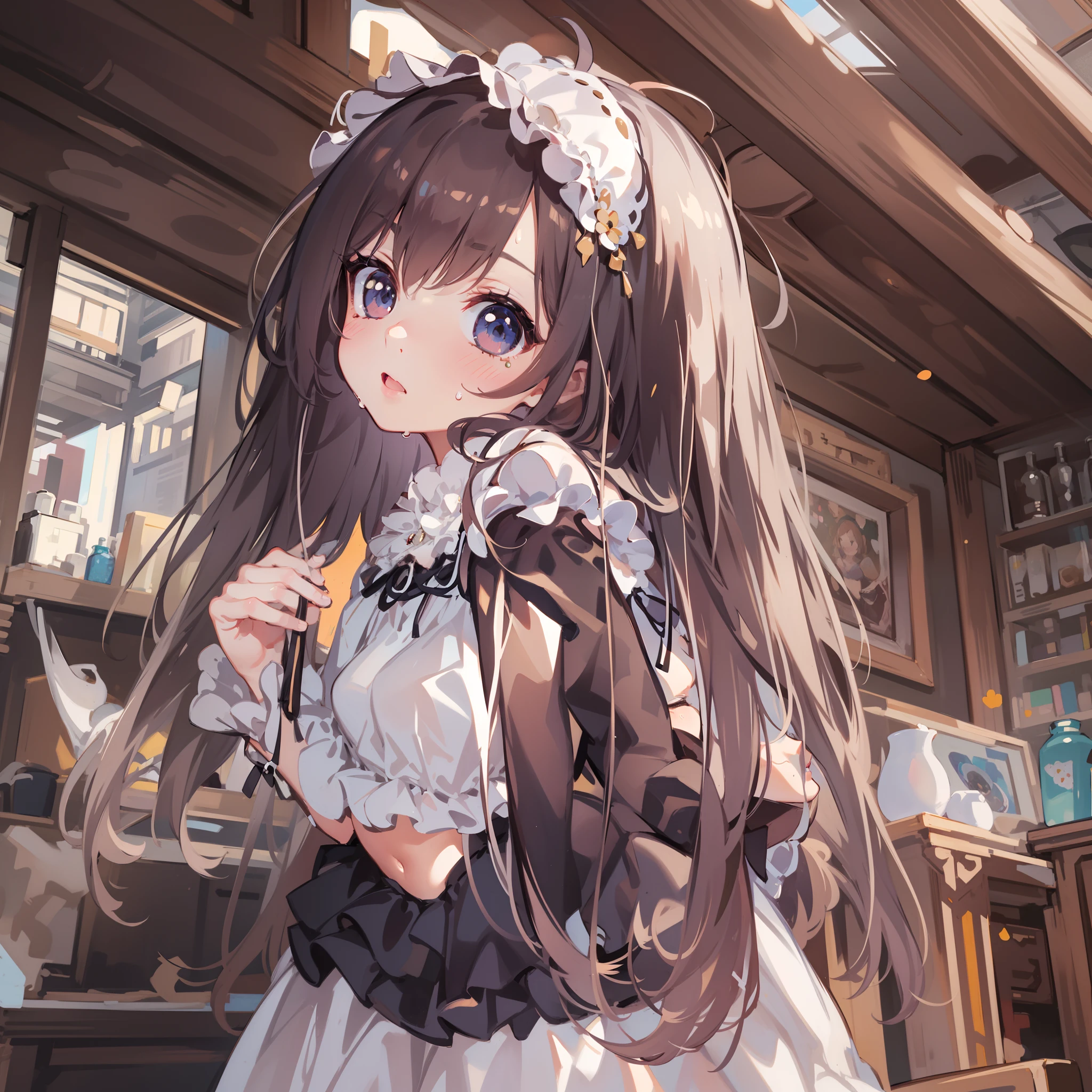 very cute female :1.1,10 yo,Gothic Lolita:1.8,dutch angle shot,ground-level shot,low angle,full body shot,medium shot,Barefoot,livingroom:1.5,Summer,day, Long hair,flat chest,Wind,Drooping sweat:1.1,(4K), (Raw photo: 1.2), (Realism: 1.4), (masutepiece: 1.3), (exquisite detailing: 1.2), Delicate and beautiful details, (Eye Detail), (Facial Detailed), (Highest Quality) :1.4), (Hyper-Resolution: 1.2),(very detailed illustration), Best Quality,depth of fields, Wide light, natural shadows