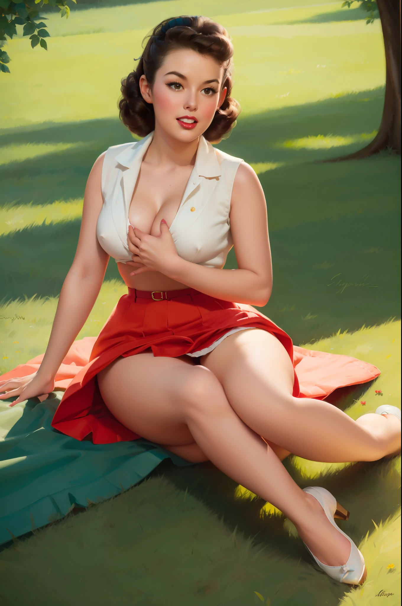 20 years old girl sitting on the groundsheet, vintage, retro pin up style, sexy, sitting on the ground, medium breast, panties, separate legs, (((detailed legs and hands)))with cute puppy, shining skin, rim light, mouth O, surprised, up skirt, flowing skirt, colorful , masterpieces, illustrated,