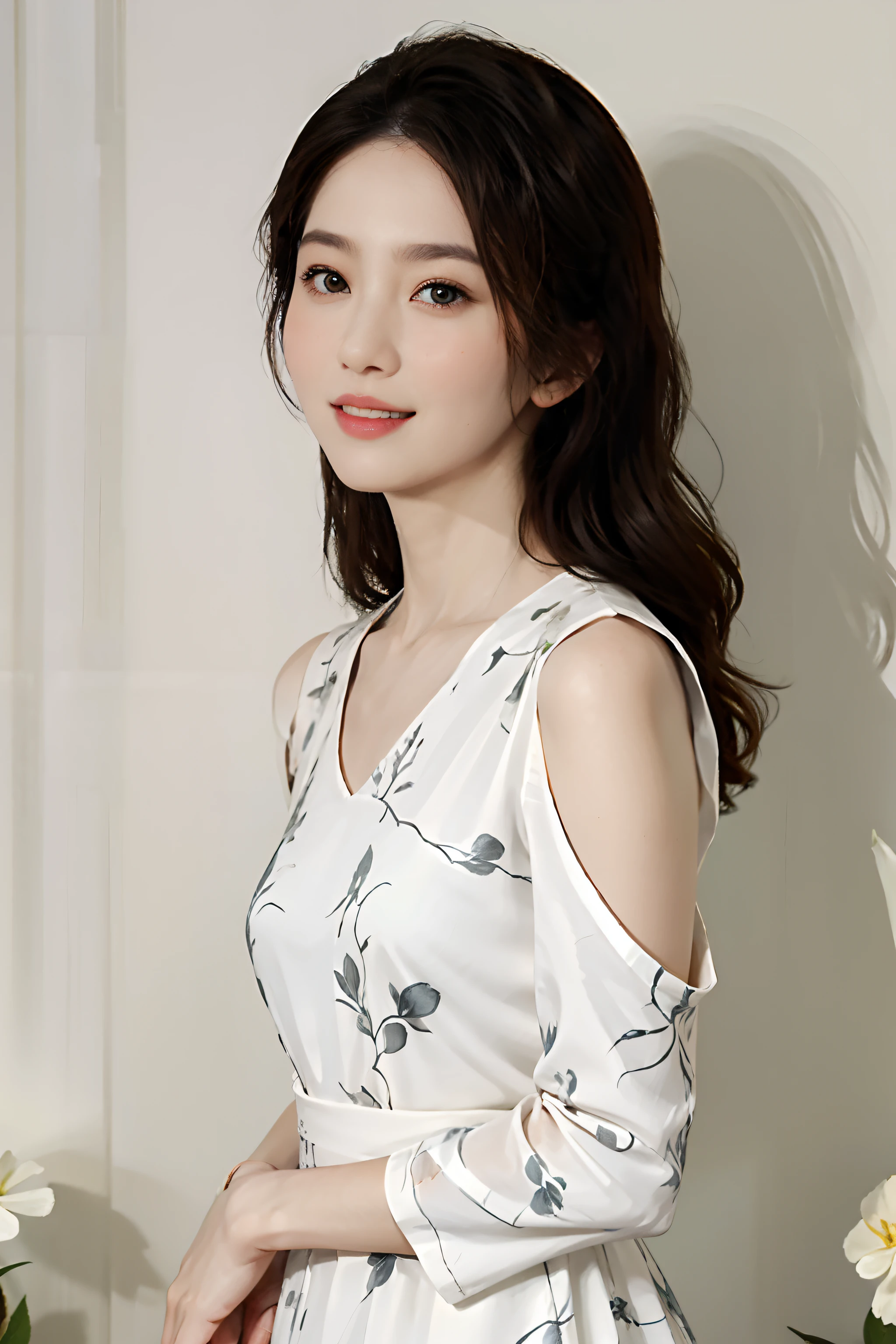 top-quality、One beautiful woman、Floral dress、35mm lens、F/wearing 1。8、looking at viewert、white backgrounid