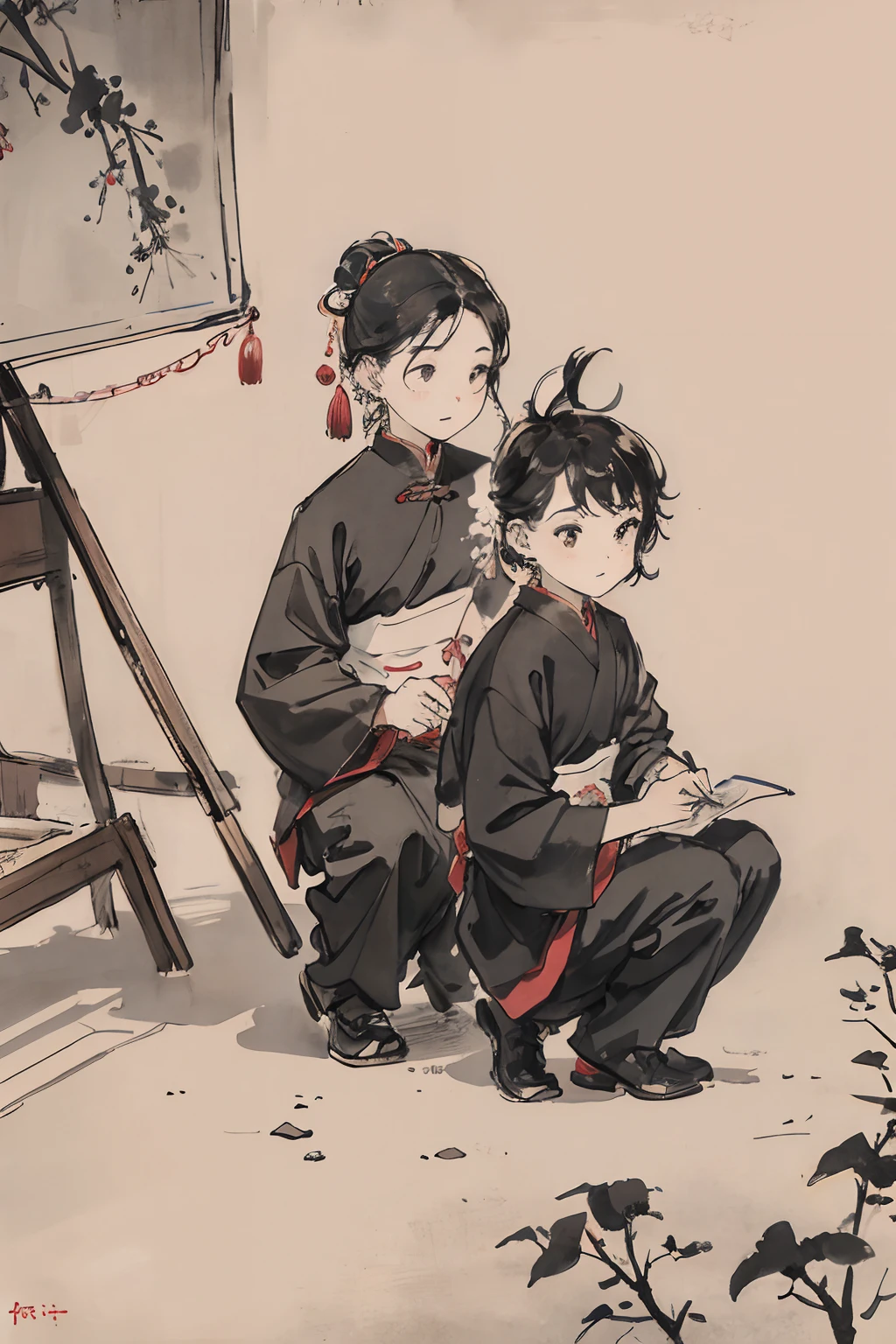 (masterpiece, best quality: 1.2), traditional Chinese ink painting, two children