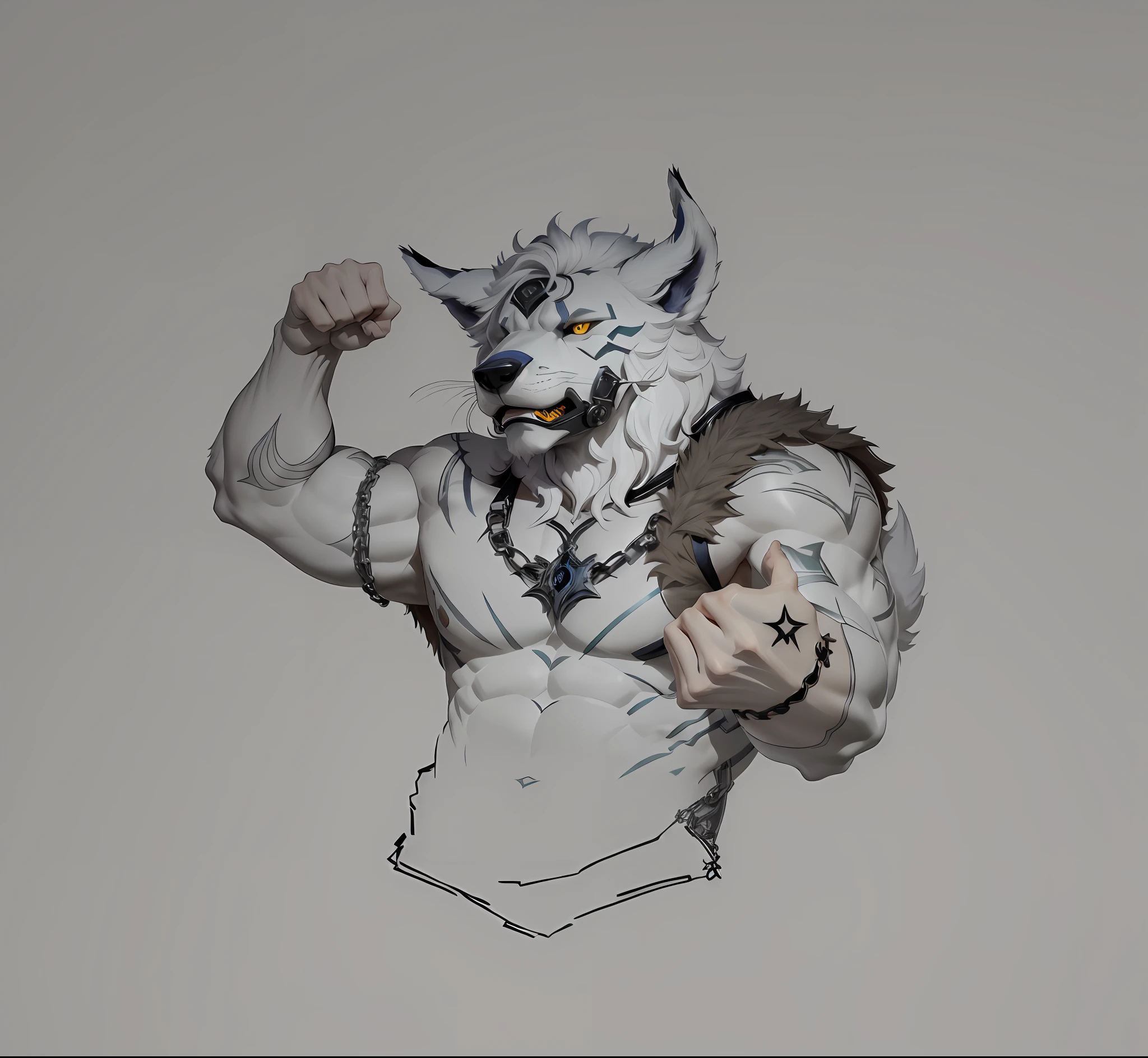 There is a man with a wolf mask with a chain around his neck, lobisomem musculoso, um lobo minotauro, anthropomorphic wolf male, musculoso! Branco, Commission for High Res, conceito detalhado de corpo inteiro, official character illustration, arte oficial do personagem, conceito de corpo inteiro, arte conceitual oficial, personagem peludo, ( ( arte conceitual do personagem ) ) imagem aquarela, aquarela de fundo, fundo colorido, left hand pointing forward