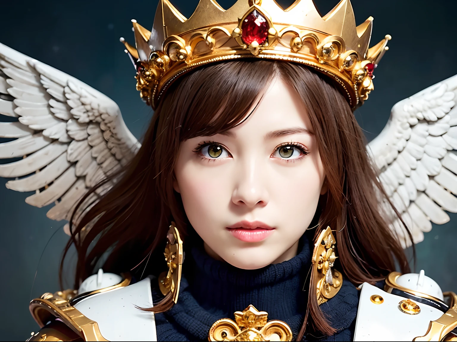 (masutepiece), Professional , masterpiece、top-quality、photos realistic , depth of fields 、(Wind element),tornado,Lightning,(Gemstone Silver Metal Body:1.9),(Matte White、(Gangle's forest background),(Brown hair long straight)、((Jewel Gold Weapon))、(Castle background),Gorgeous metal weapons,(Detailed and realistic angel white wings) , Detailed Sword of the Brave , Beautiful knife 、delicated face、20 years girl ,warhammer 40k , adepta sororitas,Detail and ornate jewel crown、a blond、()、Beautiful Caucasian beauty、1a person、dynamic ungle,(((Detailed and ornate diamond crown)))、Smaller head、A smile、Powerful poses、Beautiful thin fingers of a woman、cleavage of the breast、