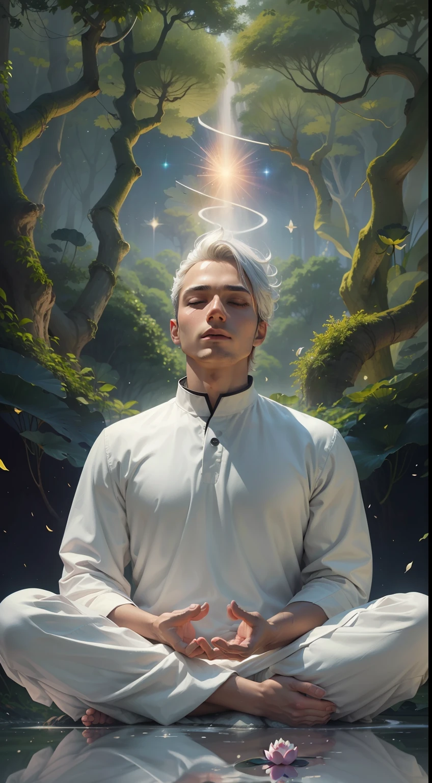 Man meditating in white clothes sitting in a forest with the sky reflecting the universe and a tube of light descending from the sky and enveloping the man sitting in lotus position, sitting on top of a lotus flower