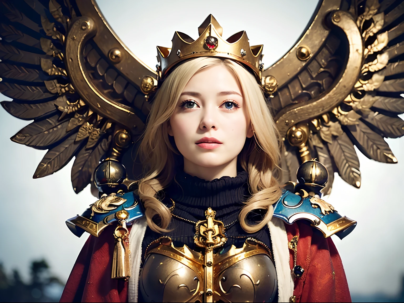 (masutepiece), Professional , ​masterpiece、top-quality、photos realistic , depth of fields （Gemstone Silver Metal Body:1.９),(Matte White、Jewel Gold Weapon、（Flying in the sky),Gorgeous metal weapons,(Detailed and realistic angel white wings) , Detailed Sword of the Brave , Beautiful knife 、delicated face、20 years girl  ,warhammer 40k , adepta sororitas,Detail and ornate jewel crown、a blond、(Gangle's forest background)、Beautiful Caucasian beauty、１a person、dynamic ungle,(((Detailed and ornate diamond crown)))、Smaller head、A smile、Powerful poses、（Gorgeous castle background）、Beautiful thin fingers of a woman、、