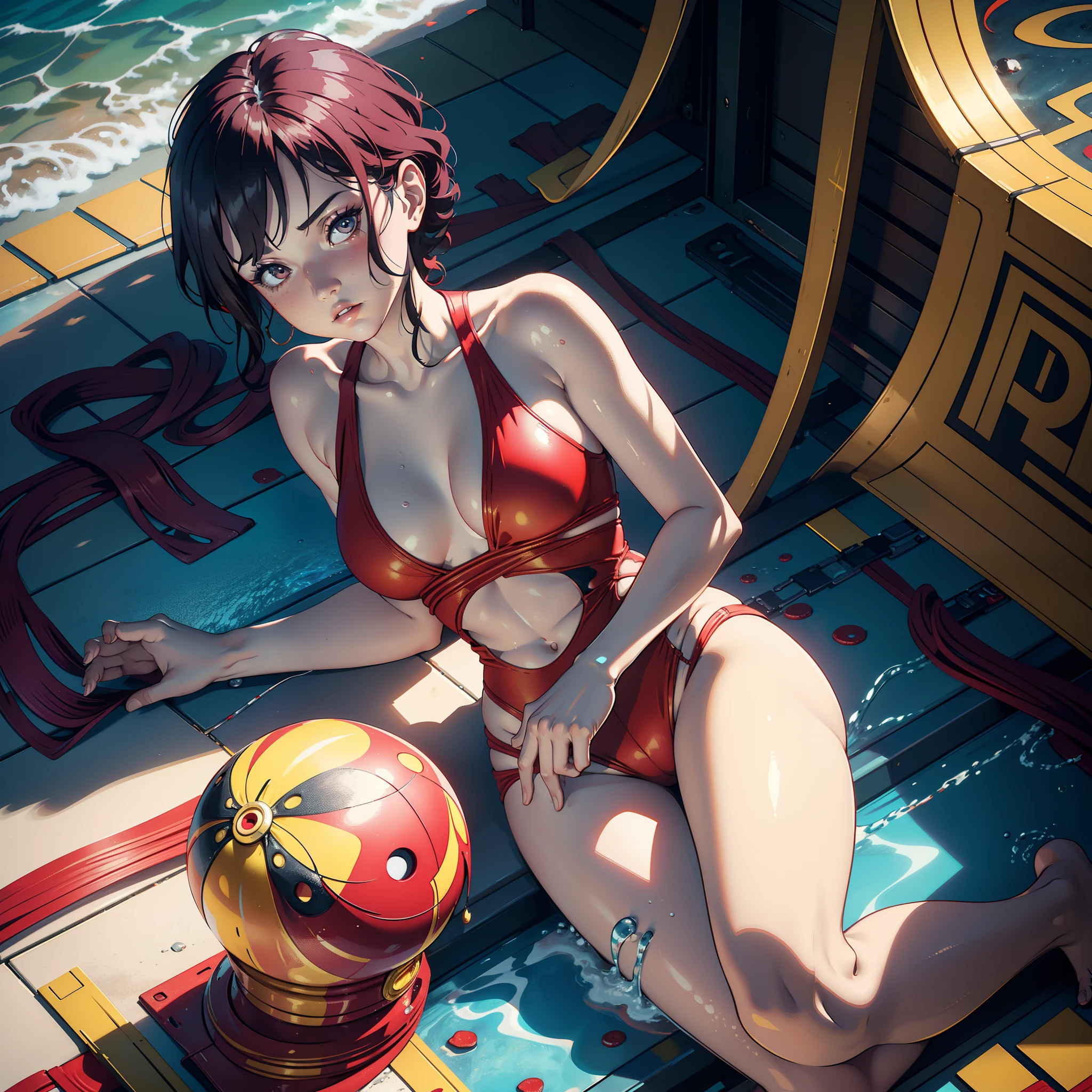 there is a woman in a red and yellow bathing suit laying on the floor, art nouveau octane render, flowing realistic fabric, cloth simulation with houdini, photographic render, photorender, portrait shot, in retro swimsuit, highly photographic render, rendered in povray, fashion shoot 8k, psychedelic swimsuit, full pose, pouty look :: octane render