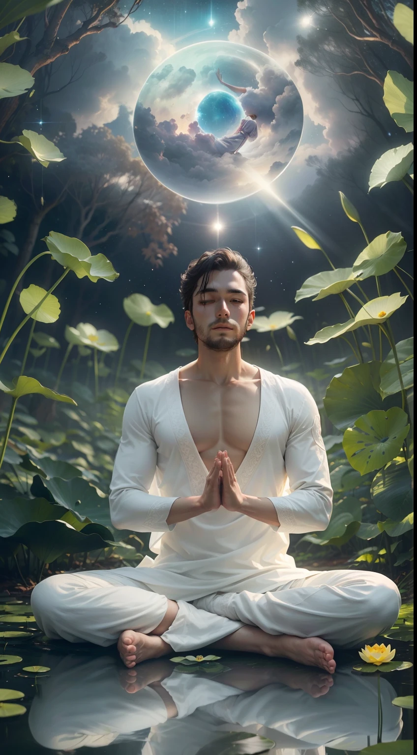 Man meditating in white clothes sitting in a forest with the sky reflecting the universe and a tube of light descending from the sky and enveloping the man sitting in lotus position, sitting on top of a lotus flower