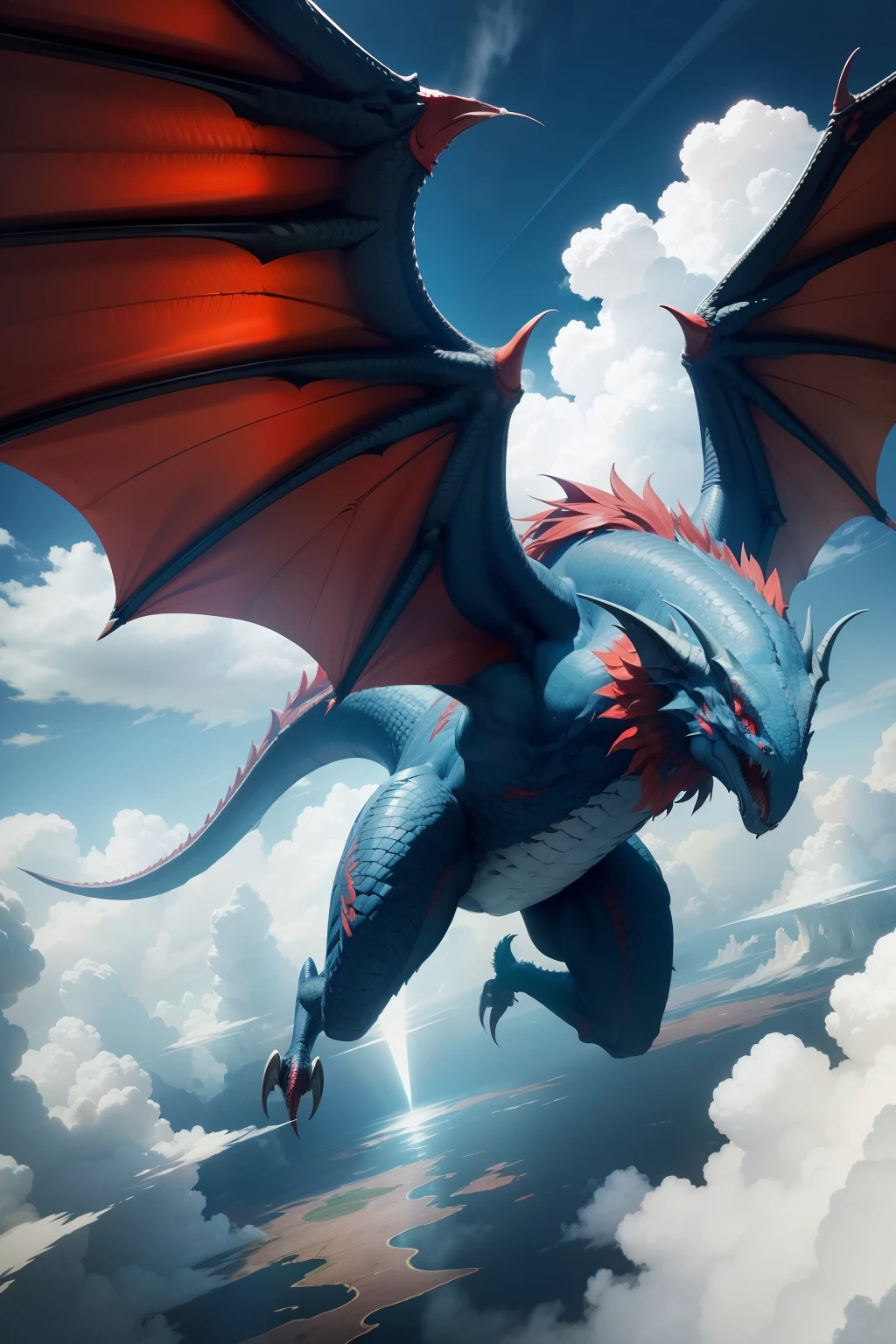 Image represents a wyvern, Red wyvern, Wyvern above the clouds, spread large wings, Giant Monster Monster, The background is a beautiful sky, There are clouds in the sky