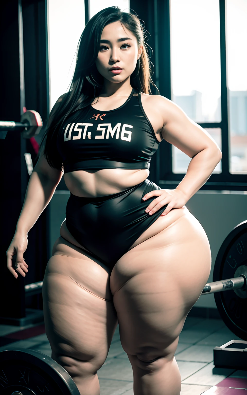 Beautiful weightlifting female athlete，Yang Mi's face，Sport five-point T-shirt vest，extra short bikini，Tattooed with，Super tall，Super plus-size athlete，Side Body，Raised sexy，，curvy build，Plus-size models，Huge raised ，Chinese face，Background sports field，Masterpiece，super detailing，16k