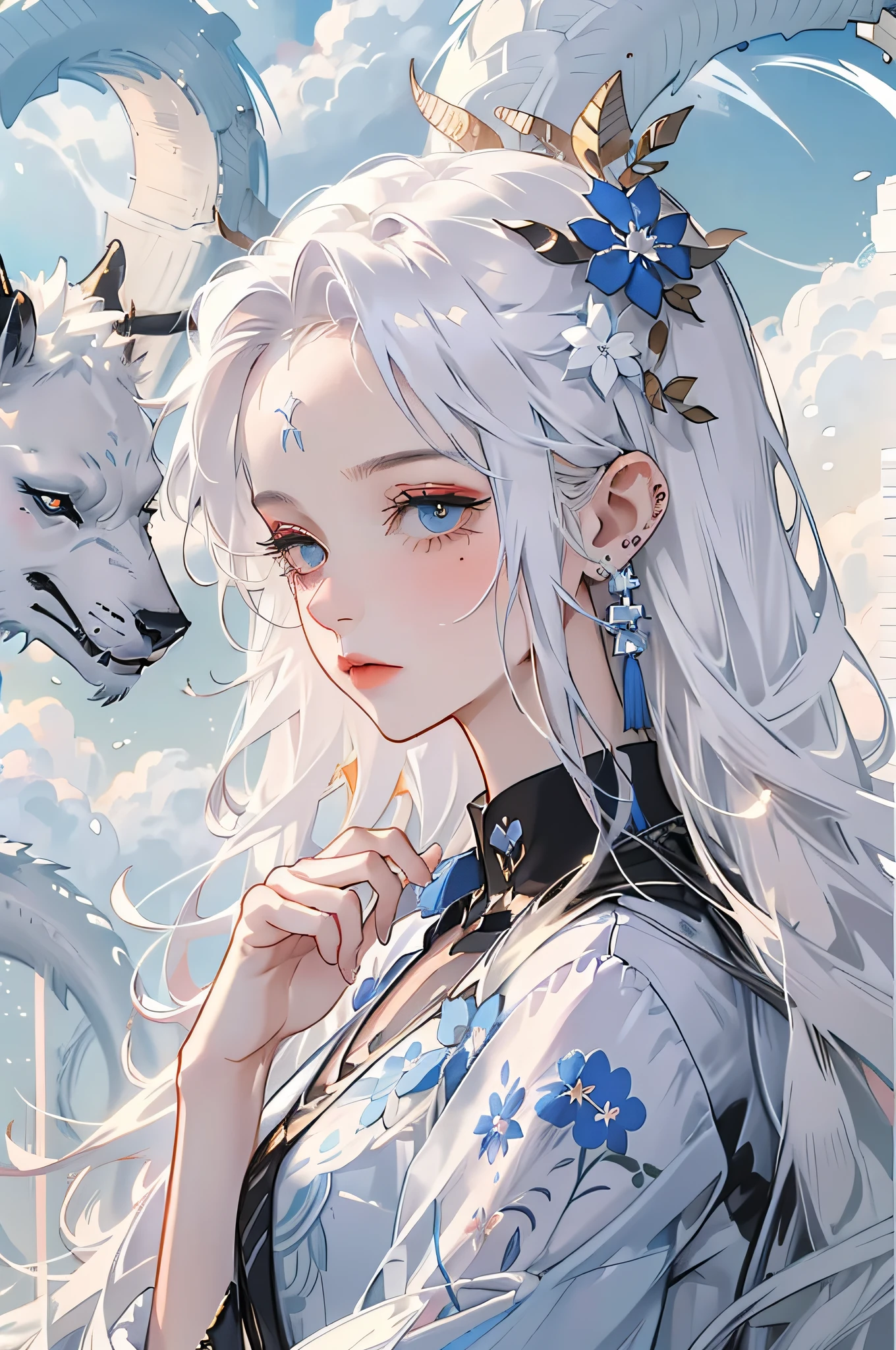high-definition image quality, High quality, Masterpiece, magical little girl, (Asymmetrical hair, Side ponytail, Blue), Cute, Dreamy, Delicate and intricate hair accessories, In the clouds, full bodyesbian, Flight dynamics negative_Hand negative embedding _negative_Hand negative_Hand negative embedding _negative_Hand zycpp