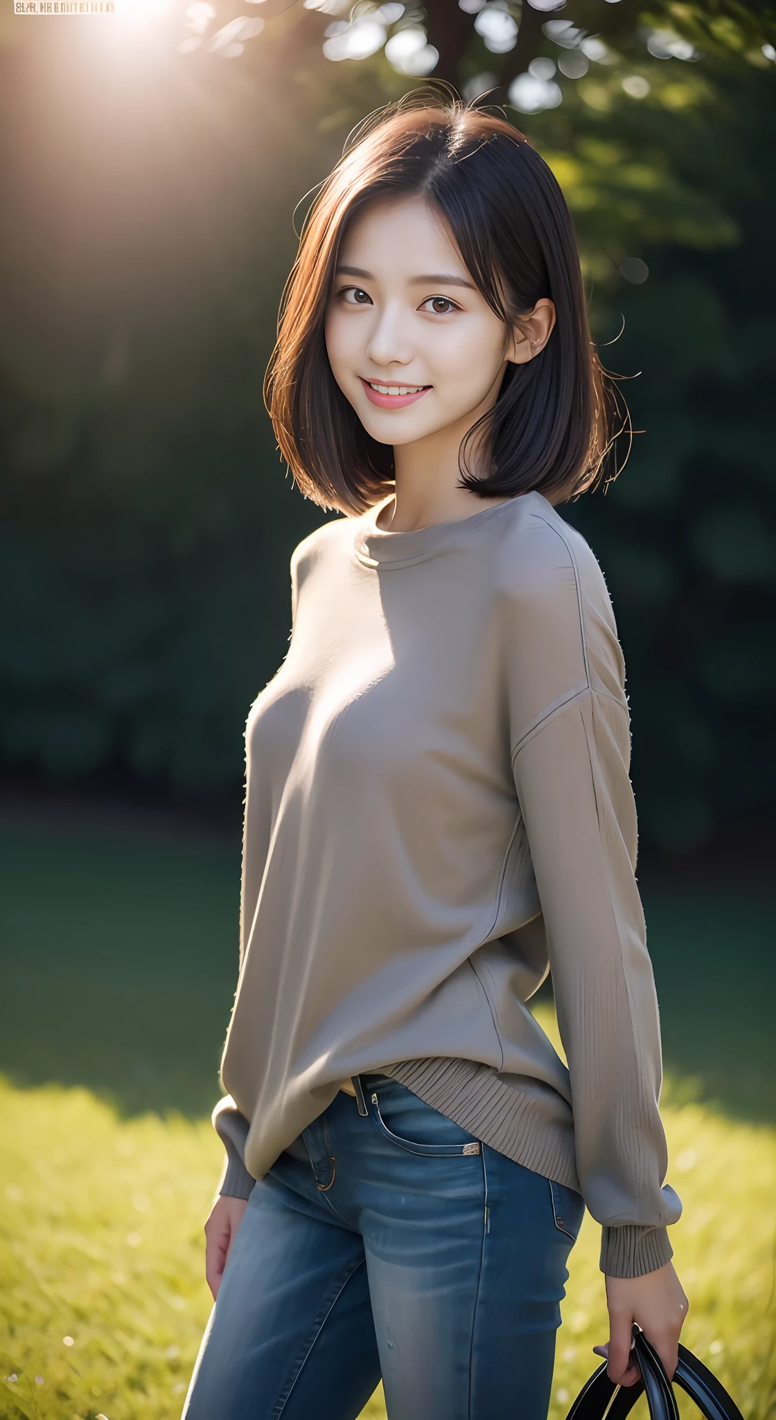 (rain, grassy fields: 1.3), 1 beautiful woman taking pictures on the grass，RAW photos，tmasterpiece，（highdetailskin：1.2），8k ultra high definition，digital SLR camera，gentlesoftlighting，high high quality，filmgrain，富士XT3，20 years old Asian woman，Dark gray skinny sweater（Slim，Fit snugly to the body，Show beautiful curves）and trendy jeans with open navels，Detailed clothing details:1.5，perfect body figure，Perfect breasts and nipple bulge，The calves are straight and slender，（（Branded fashion travel shoes:1.5）），Melon seed face，short detailed hair，Super detailed facial details and skin，Fair face and fair skin，二重まぶた，Super detailed eyes，A sweet smile，Beautiful accessories，(Gloss on lips, eyeslashes, Glossy face, Best quality, Super high resolution, warm color，Wide lighting, naturalshadow), Kneel on the grass and play，Pose coquettishly，Show off your sexy figure， Full body shooting: 1.8