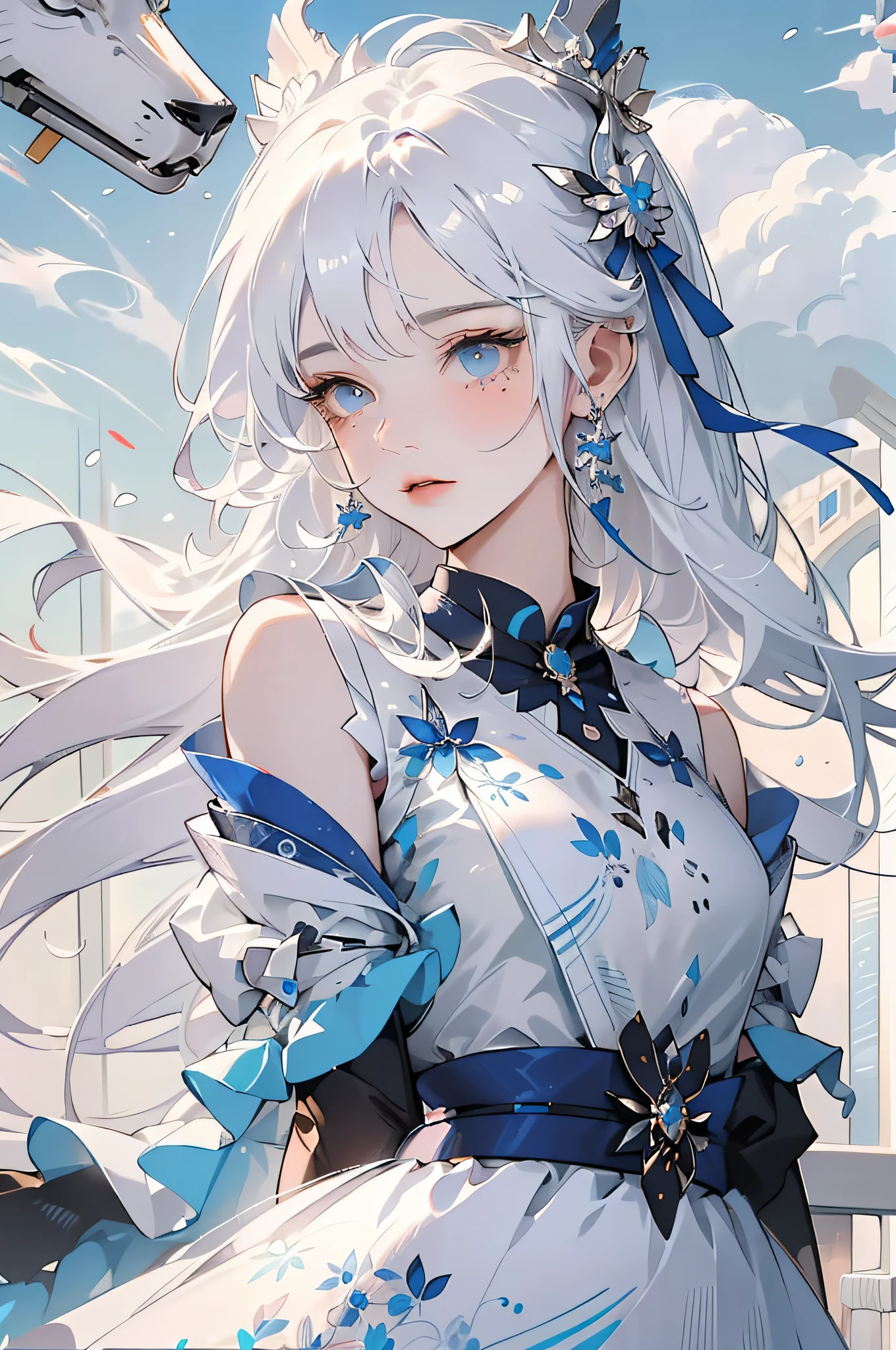 high-definition image quality, High quality, Masterpiece, magical little girl, (Asymmetrical hair, Side ponytail, Blue), Cute, Dreamy, Delicate and intricate hair accessories, In the clouds, full bodyesbian, Flight dynamics negative_Hand negative embedding _negative_Hand negative_Hand negative embedding _negative_Hand zycpp