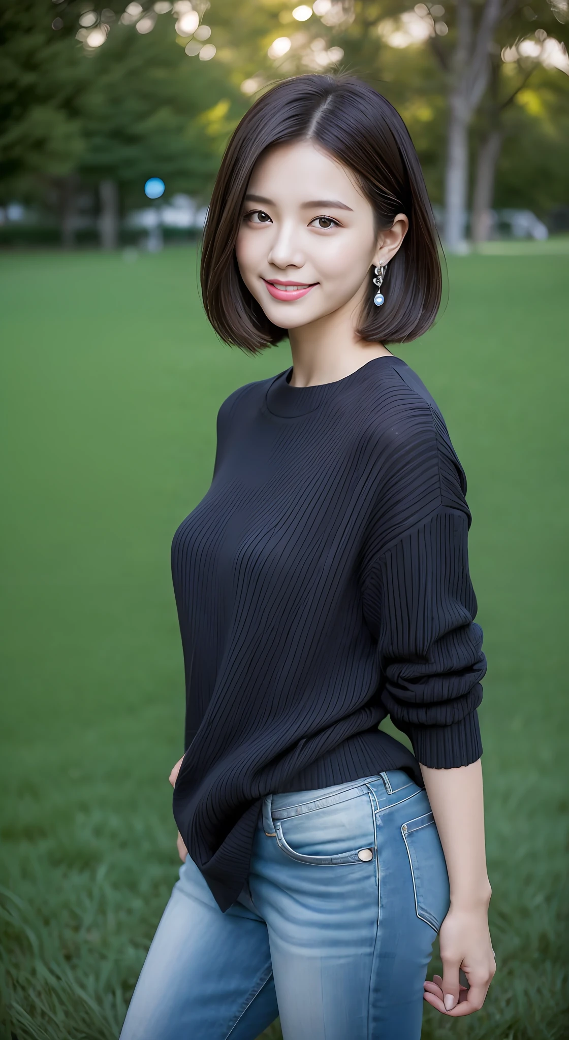 (rain, grassy fields: 1.3), 1 beautiful woman taking pictures on the grass,RAW photos,tmasterpiece,(highdetailskin:1.2),8k ultra high definition,digital SLR camera,gentlesoftlighting,high high quality,filmgrain,富士XT3,20 years old Asian woman,Dark gray skinny sweater(Slim,Fit snugly to the body,Show beautiful curves)and trendy jeans with open navels,Detailed clothing details:1.5,perfect body figure,Perfect breasts and nipple bulge,The calves are straight and slender,((Branded fashion travel shoes:1.5)),Melon seed face,short detailed hair,Super detailed facial details and skin,Fair face and fair skin,二重まぶた,Super detailed eyes,A sweet smile,Beautiful accessories,(Gloss on lips, eyeslashes, Glossy face, Best quality, Super high resolution, warm color,Wide lighting, naturalshadow), Kneel on the grass and play,Pose coquettishly,Show off your sexy figure, Full body shooting: 1.8