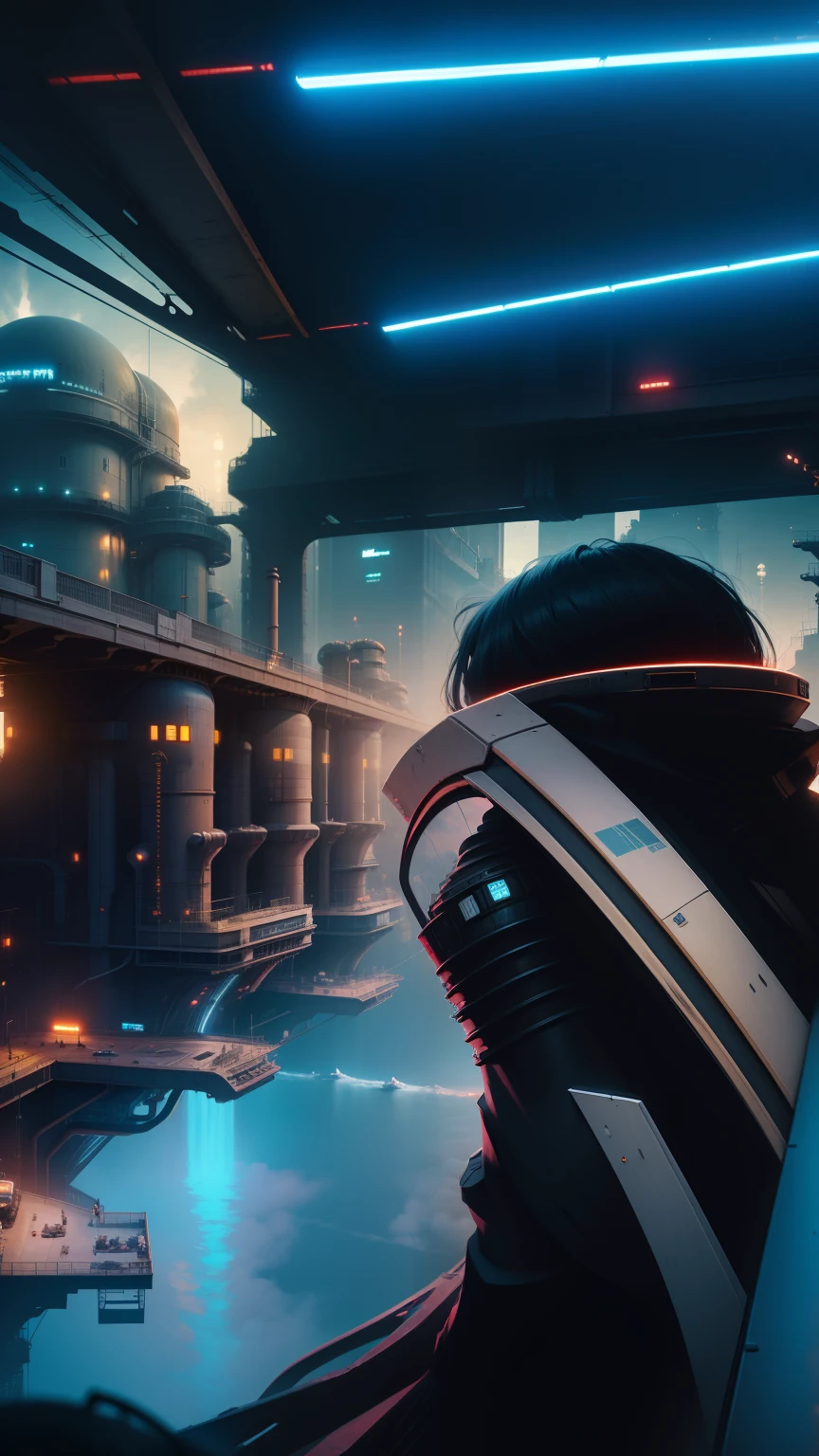 sci-fi cyberpunk city, bridges, deep ravine rift in the middle, terraced streets, reactors, breeder, oil refinery, cars, sunny days, industrial architecture, masterpiece, best quality, high detial, hyper realistic