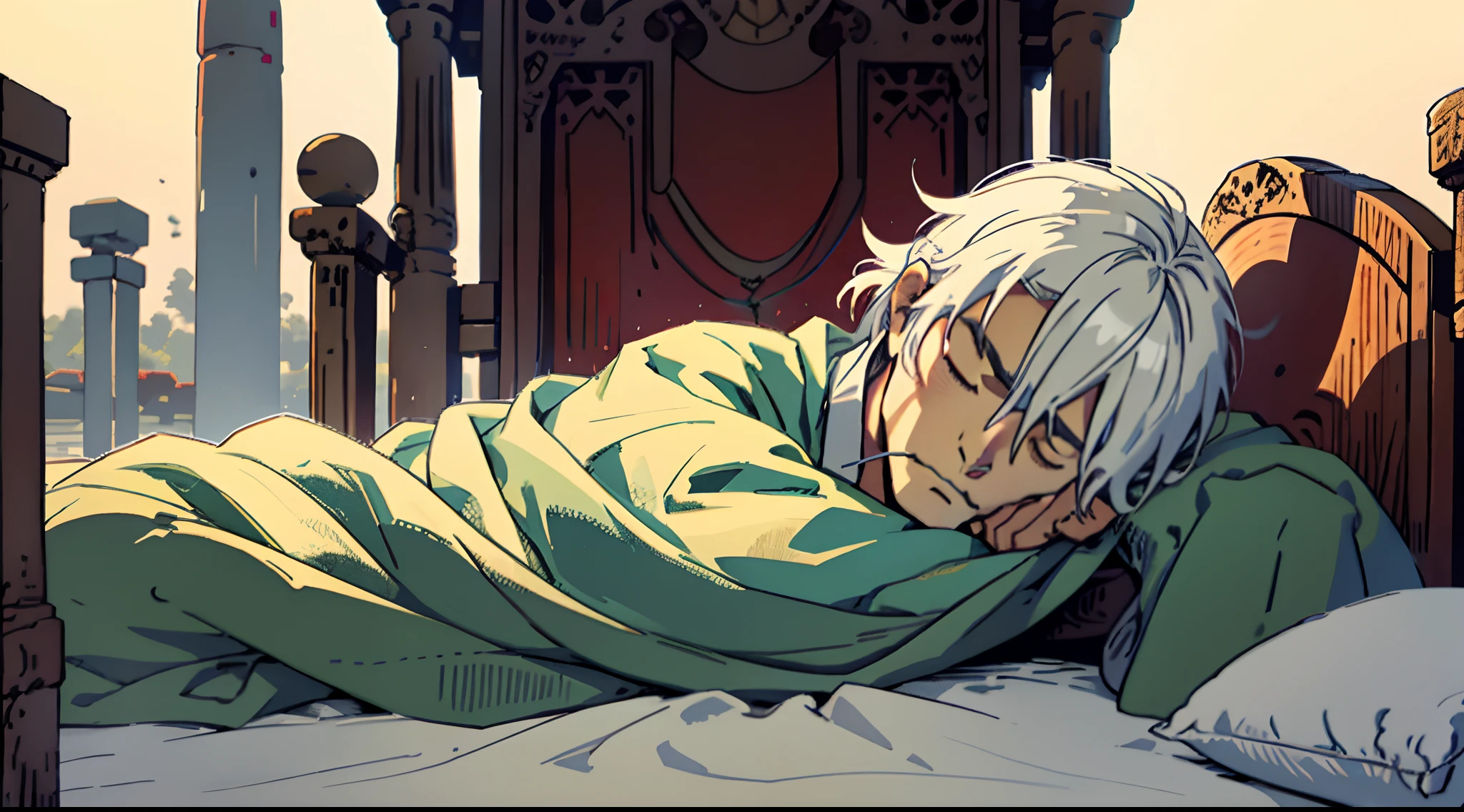Pov, f/1.4, The 45 yesrs old king is lying alone on the bed with his eyes closed and frowning. In ancient times
