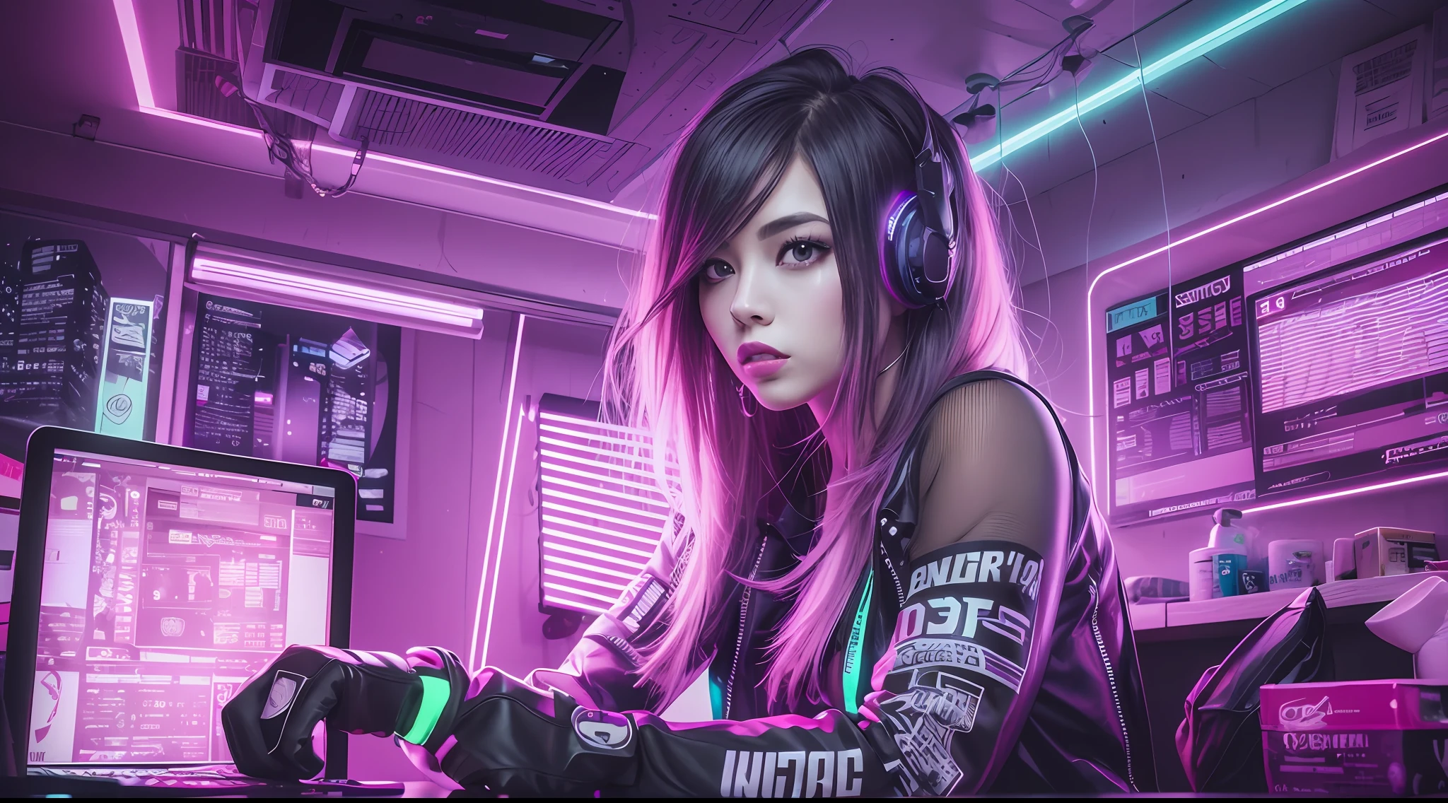 neonpunk style a girl in the house bedroom,hard lighting . cyberpunk, vaporwave, neon, vibes, vibrant, stunningly beautiful, crisp, detailed, sleek, ultramodern, magenta highlights, dark purple shadows, high contrast, cinematic, ultra detailed, intricate, professional, 9:16 --auto --s2