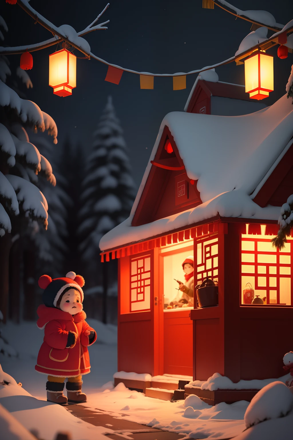 Cold winter nights,Chinese New Year,bit girl,Red lantern,firecrackers,