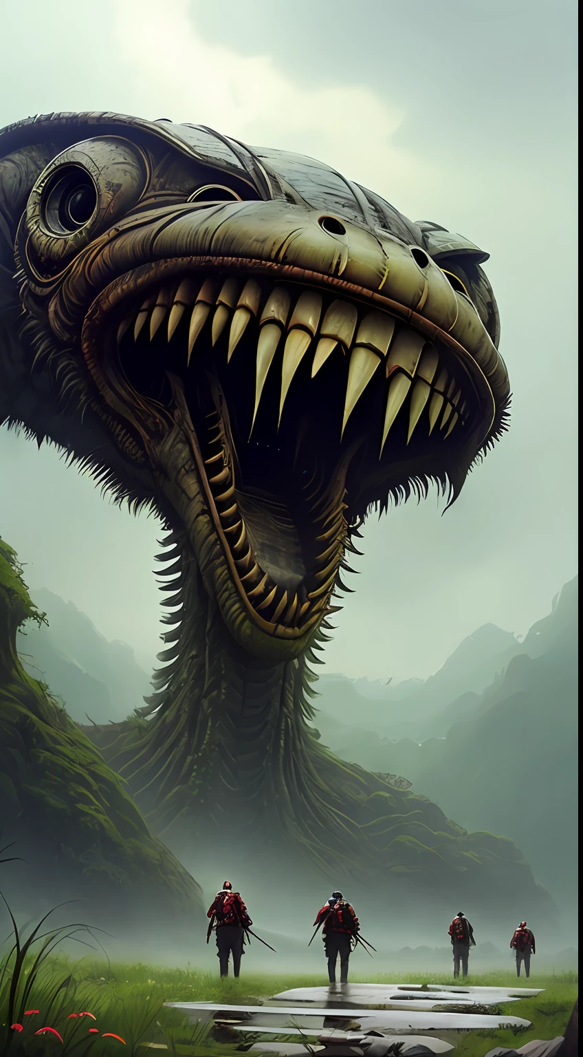 (Extreme close-up) photore (Scared:1.1) (rainforests:0.9), (tall grass:1.2), (A huge dead alien monster:1.2), Long mouth,long leges,long fangs,Silver light reflection,Petrified spectacles,Wet, (Pagodas, 12th century, 1.2),rays of sunshine, insanely details, Cinematic, epic realistic, Intricate details, ultra - detailed, High quality, primitive, author:Jakub Rozalski